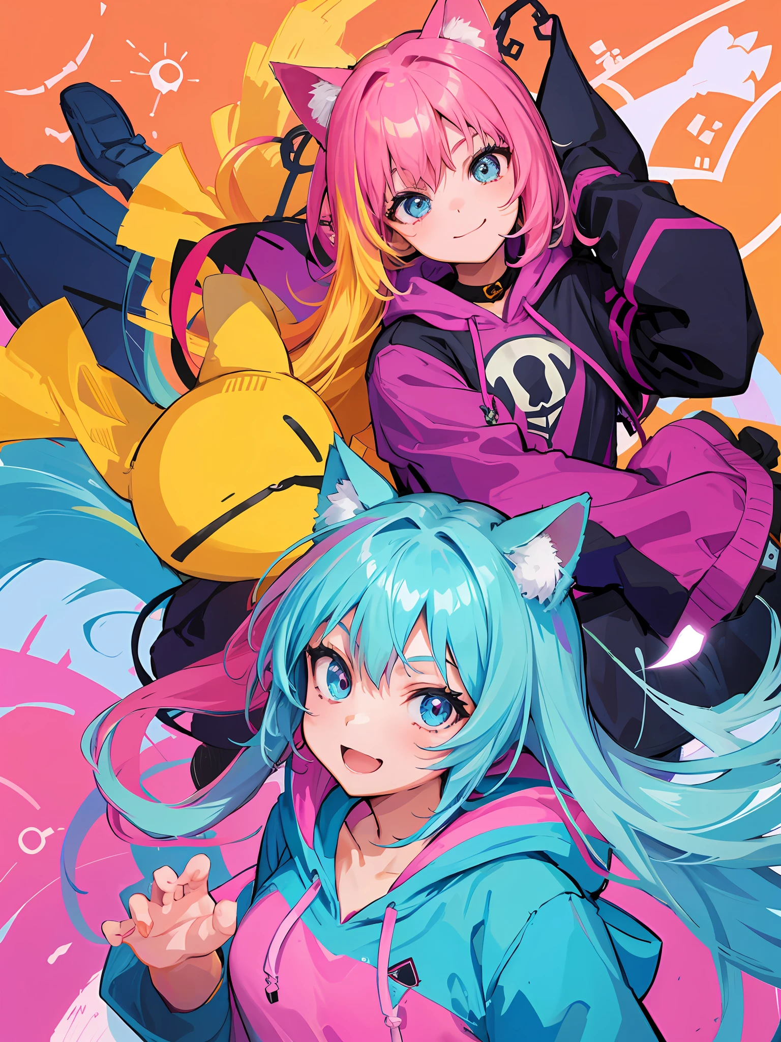 Colorful, vibrant color, cute, adorable, Girl, Hoodie, light smile, beautiful, half body shot, cat ear, masterpiece, creative background, absurdres, anatomically correct