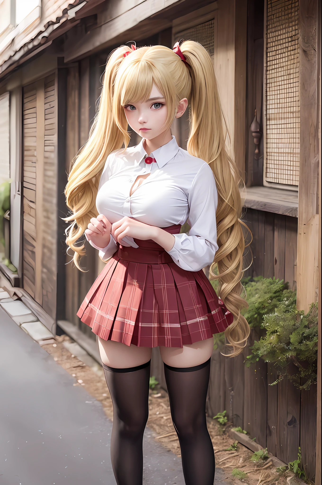 ((full-length photo, standing, feet on the ground)), masterpiece, best quality, super detailed, beautiful detailed face, intricate details, flat color, depth of field, outline, general look, girl, teenager, anime, wide stance, (legs wide apart:1.4), (looks at the viewer:1.1), looks at the camera, (village:1), nature, (blonde:1.6), (twintails:1.5), red pleated miniskirt, red skirt, white shirt, white shirt, unbuttoned top buttons, unbuttoned shirt, white blouse, (without bra:1.1), plunging neckline, black tights, detailed leather texture, detailed fabric texture, huge breasts, (blue eyes:1,1), (ruddy:1)