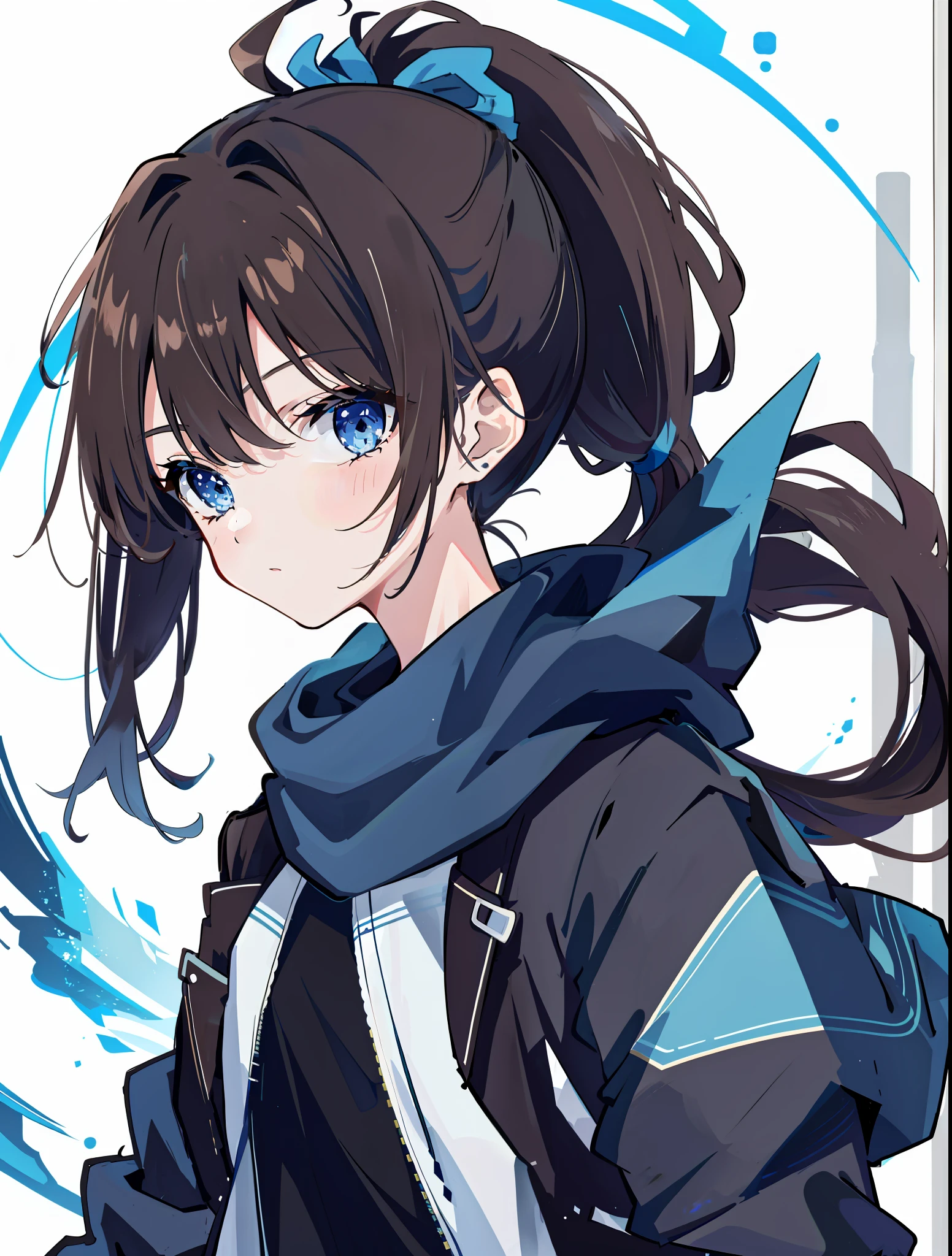 A girl, flat chested, quiet, introverted, delicate face, delicate hair, (brown diagonal ponytail), punk jacket, front view, blue eyes, black thick scarf, fluttering black flowers, blue theme, night