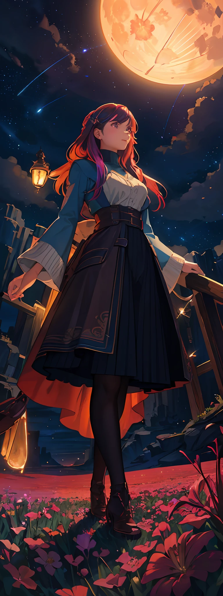 expansive landscape photograph , (a view from below that shows sky above and open field below), a girl standing on flower field looking up, (full moon:1.2), ( shooting stars:0.9), (nebula:1.3), distant mountain, tree BREAK
production art, (warm light source:1.2), (Firefly:1.2), lamp, lot of purple and orange, intricate details, volumetric lighting, realism BREAK
(masterpiece:1.2), (best quality), 4k, ultra-detailed, (dynamic composition:1.4), highly detailed, colorful details,( iridescent colors:1.2), (glowing lighting, atmospheric lighting), dreamy, magical, (solo:1.2)