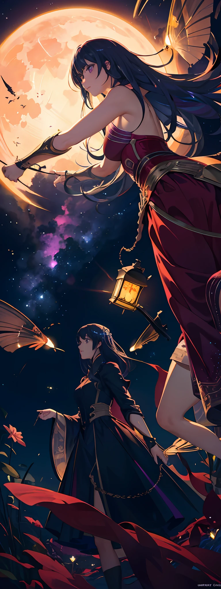 expansive landscape photograph , (a view from below that shows sky above and open field below), a girl standing on flower field looking up, (full moon:1.2), ( shooting stars:0.9), (nebula:1.3), distant mountain, tree BREAK
production art, (warm light source:1.2), (Firefly:1.2), lamp, lot of purple and orange, intricate details, volumetric lighting, realism BREAK
(masterpiece:1.2), (best quality), 4k, ultra-detailed, (dynamic composition:1.4), highly detailed, colorful details,( iridescent colors:1.2), (glowing lighting, atmospheric lighting), dreamy, magical, (solo:1.2)
