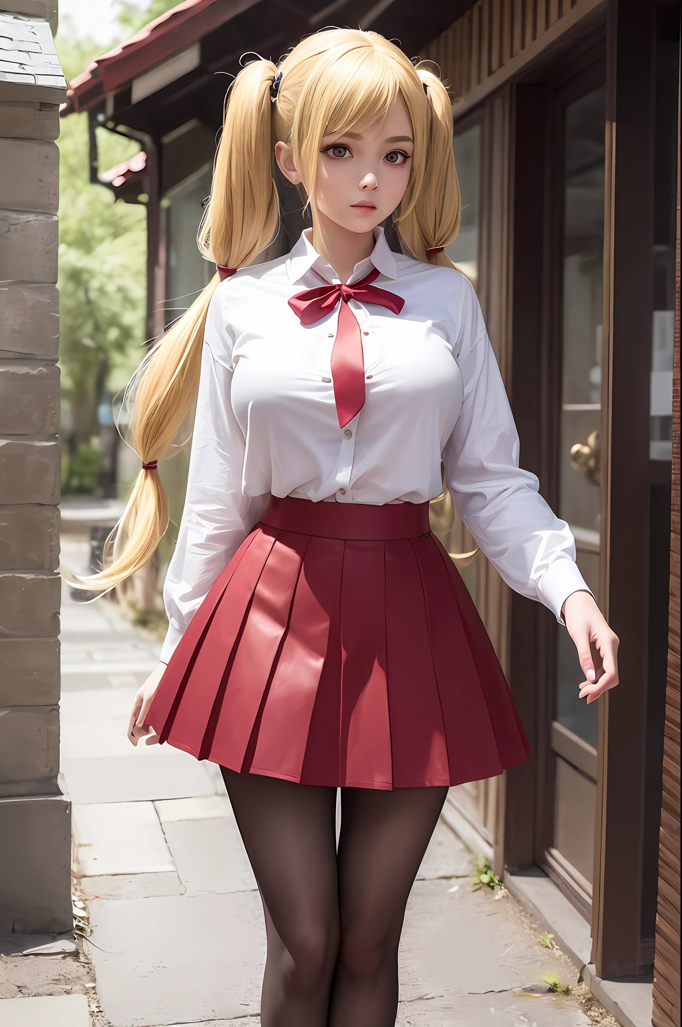 ((full-length photo, standing, feet on the ground)), masterpiece, best quality, super detailed, beautiful detailed face, intricate details, flat color, depth of field, outline, general look, girl, teenager, anime, wide stance, (legs wide apart:1.4), (looks at the viewer:1.1), looks at the camera, (village:1), nature, (blonde:1.6), (twintails:1.5), red pleated miniskirt, red skirt, white shirt, white shirt,  unbuttoned top buttons, unbuttoned shirt, white blouse, (without bra:1.1), plunging neckline, black tights, detailed leather texture, detailed fabric texture, huge breasts, (blue eyes:1,1), (ruddy:1)