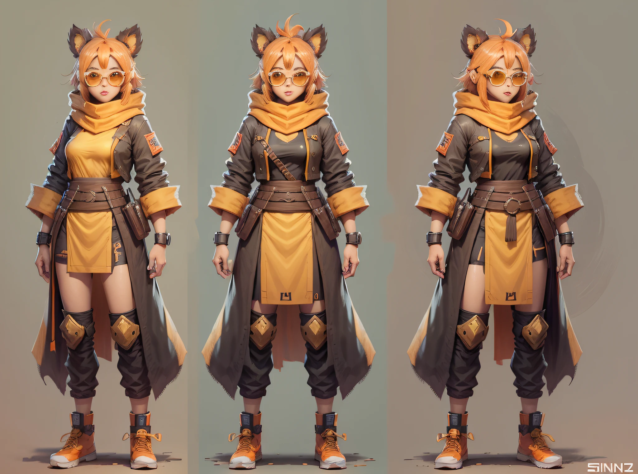 PROMPT: CHARACTER TURNAROUND SHEET,THREE-VIEWDRAWING,FULL BODYSHOT,GAMECHARACTER DESIGN,BYXIAOFEIYUE,GIRL WEARING SUNGLASSES monkey,sunwukong,ORANGE BACKGROUND,--AR 16:12--STYLE EXPRESSIVE