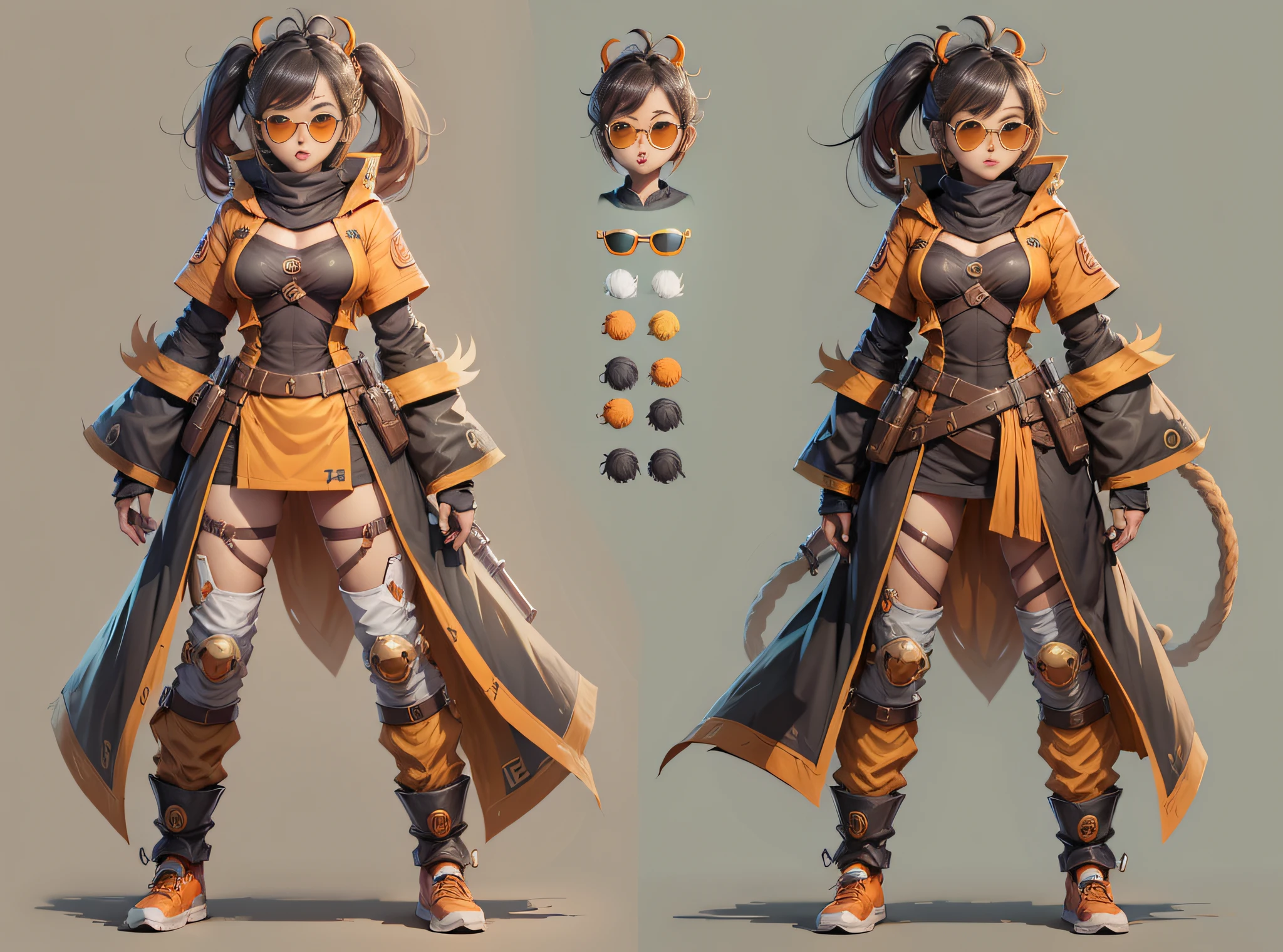 PROMPT: CHARACTER TURNAROUND SHEET,THREE-VIEWDRAWING,FULL BODYSHOT,GAMECHARACTER DESIGN,BYXIAOFEIYUE,GIRL WEARING SUNGLASSES monkey,sunwukong,ORANGE BACKGROUND,--AR 16:12--STYLE EXPRESSIVE