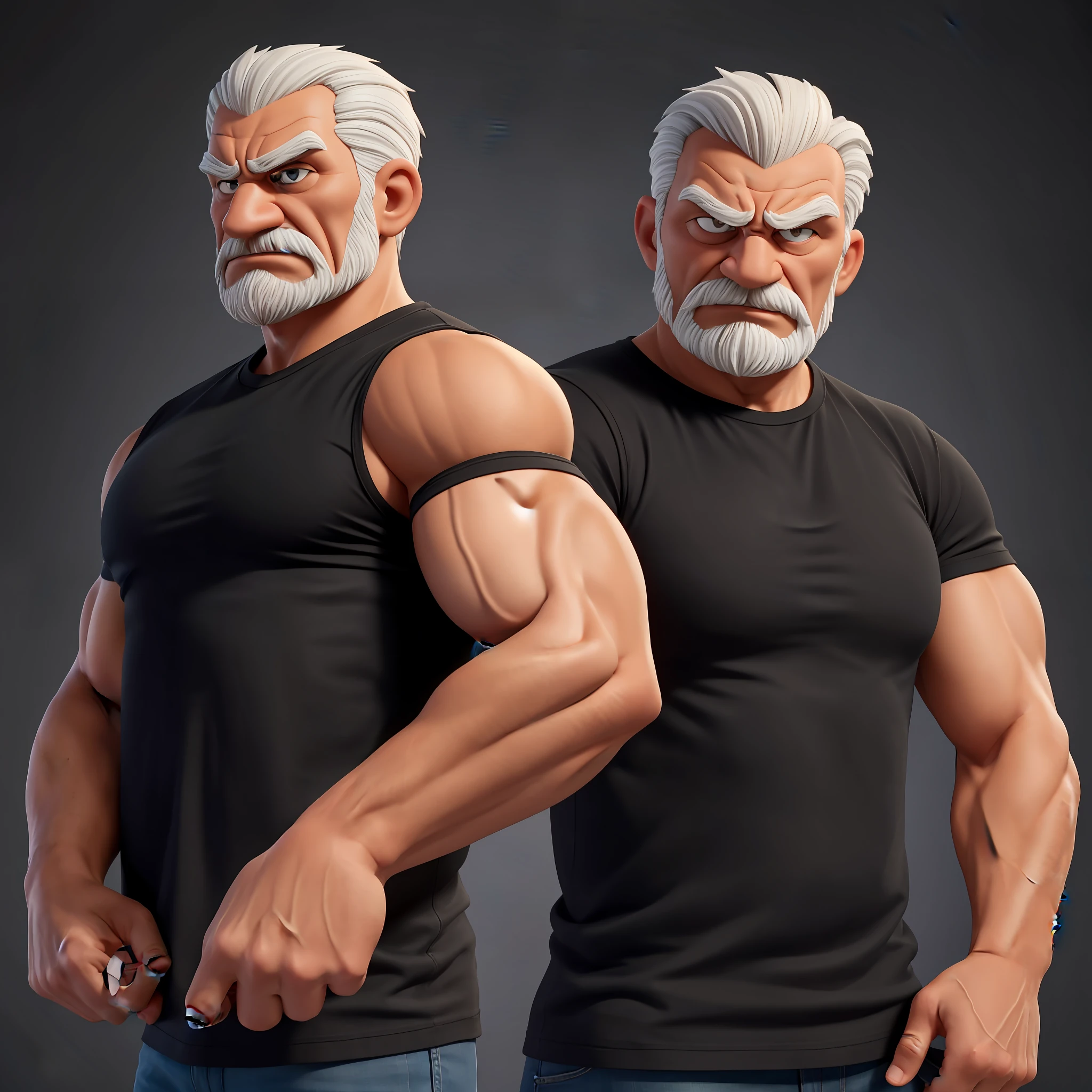 Create an 8K cartoon of an angry, well-muscled old man with his arms crossed, well-muscled and full of figures in a black shirt striped in white. Make sure you have only one old man, and that the resulting image has a cartoonish look, with vibrant colors and soft edges. Add details to give the old man an angry look, such as furrowed brows and a tight mouth. Make sure that the black shirt striped with white is an important element of the image, and add details to make it attractive and interesting. Add textures and details to make the image more realistic, such as the appearance of the shirt texture and the appearance of the skin. Make sure the resulting image is high resolution, 8K quality." —c 10 —ar 2