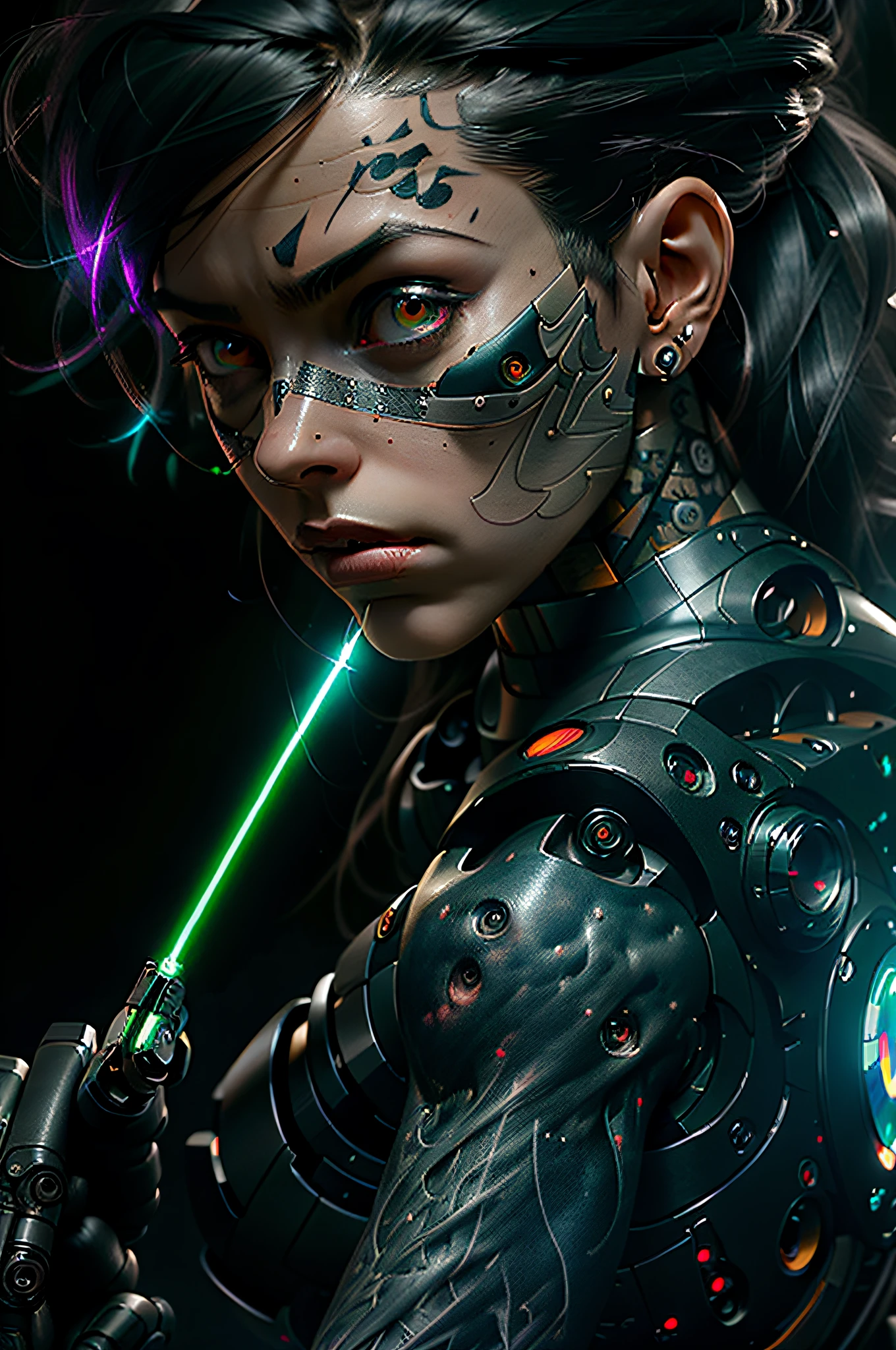 (highly detailed:1.2),(best quality:1.2),8k,sharp focus,(subsurface scattering:1.1),(nsfw:1.1), (award winning photograph:1.2),1girl, (many many detailed black tattoos on face:1.2), by emb-rrf-low,(many many thick black dark tattoos on body nose and eyes:1.2),(close shot:1.2), (separation of face segments:1.1), (deep seams on face and body:1.2)
(beautiful cyborg with scifi laser gun:1.3), (shooting lasers at enemy robots:1.3), (dynamic action pose:1.2), neon glow under the skin
(very detailed clothes:1.2), (highly detailed background:1.3), RPG, Elden Ring, (scifi:1.2), (hyperrealistic:1.2), dramatic lighting,artstation, artgerm, greg rutkowski, alphonse mucha, trending on artstation, trending on deviantart, wlop