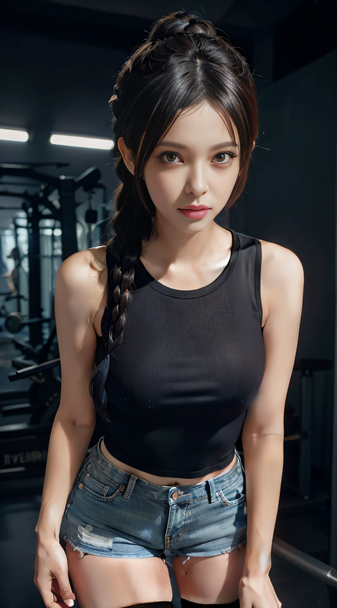 Best quality, super high resolution, photo of a beautiful woman, detailed face, black messy fishtail, skinny denim shorts, black stockings, short sleeves, alluring look, gym