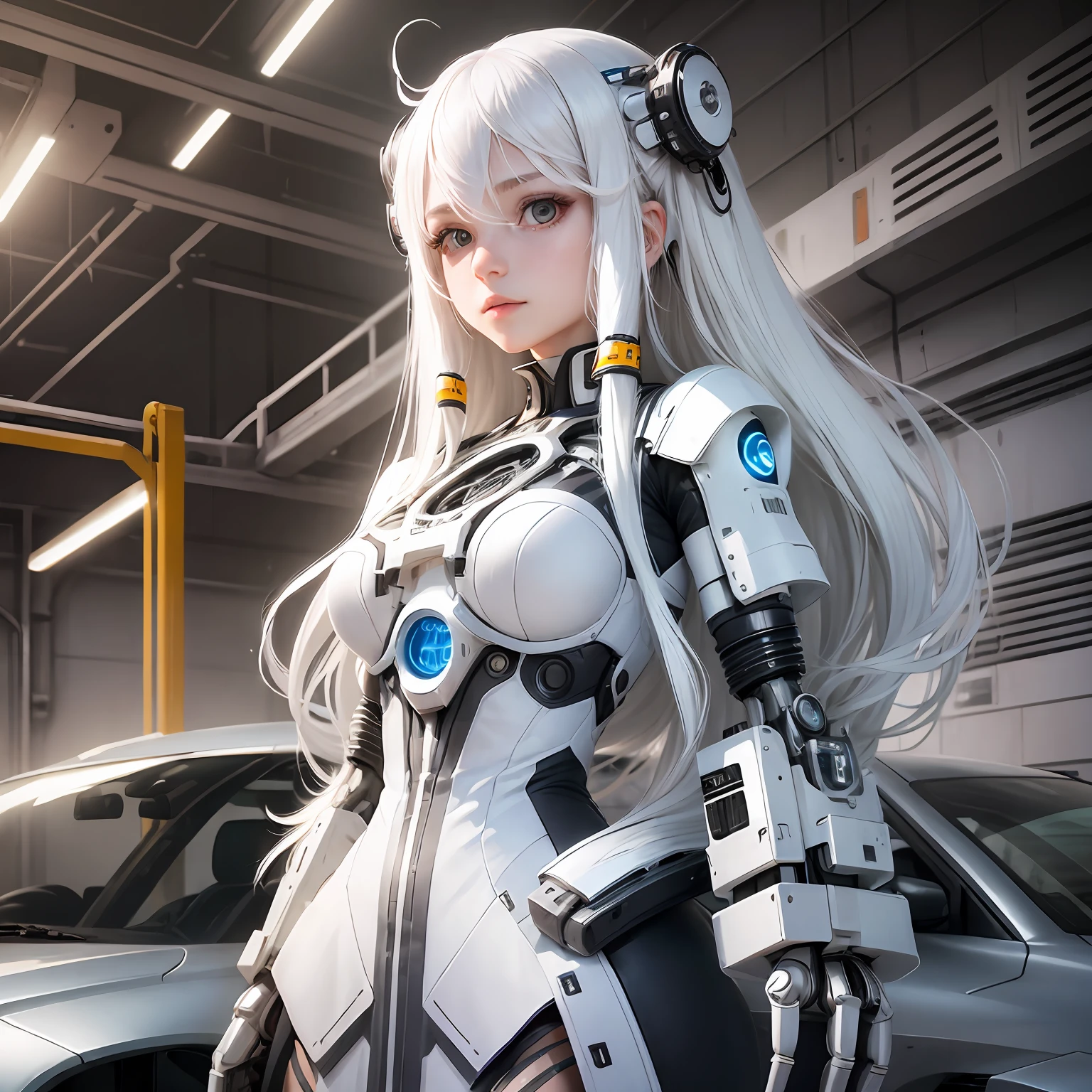 (1girl:1.3), (long white hair:1.2), white skin, wearing cybernetic dress (technological:0.7), car workshop backdrop, (indirect daylighting:0.5), (mechanical arms:1.4) electronic (metal),