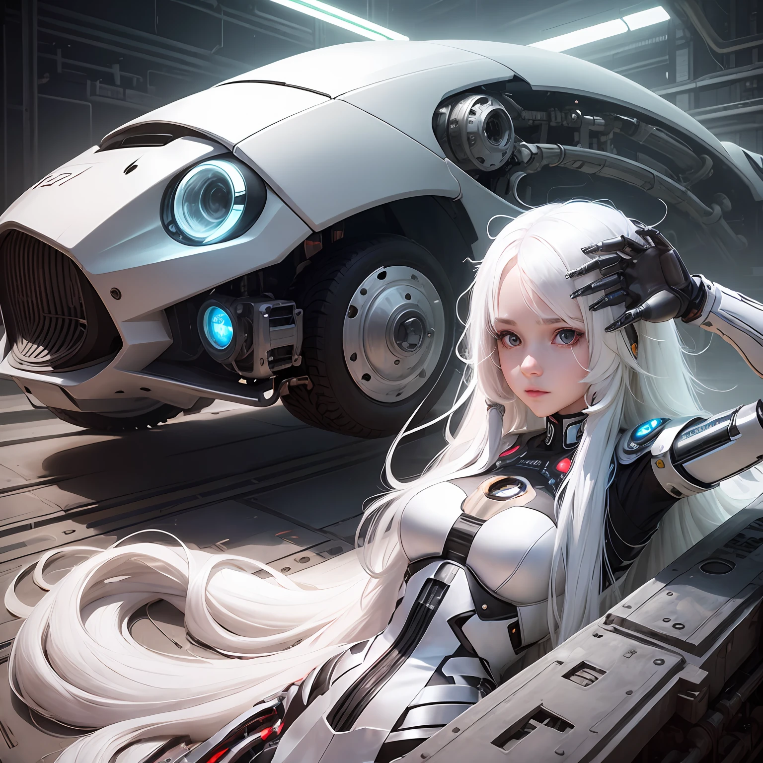 (1girl:1.3), (long white hair:1.2), white skin, wearing cybernetic dress (technological:0.7), car workshop backdrop, (indirect daylighting:0.5), (mechanical arms:1.4) electronic (metal),