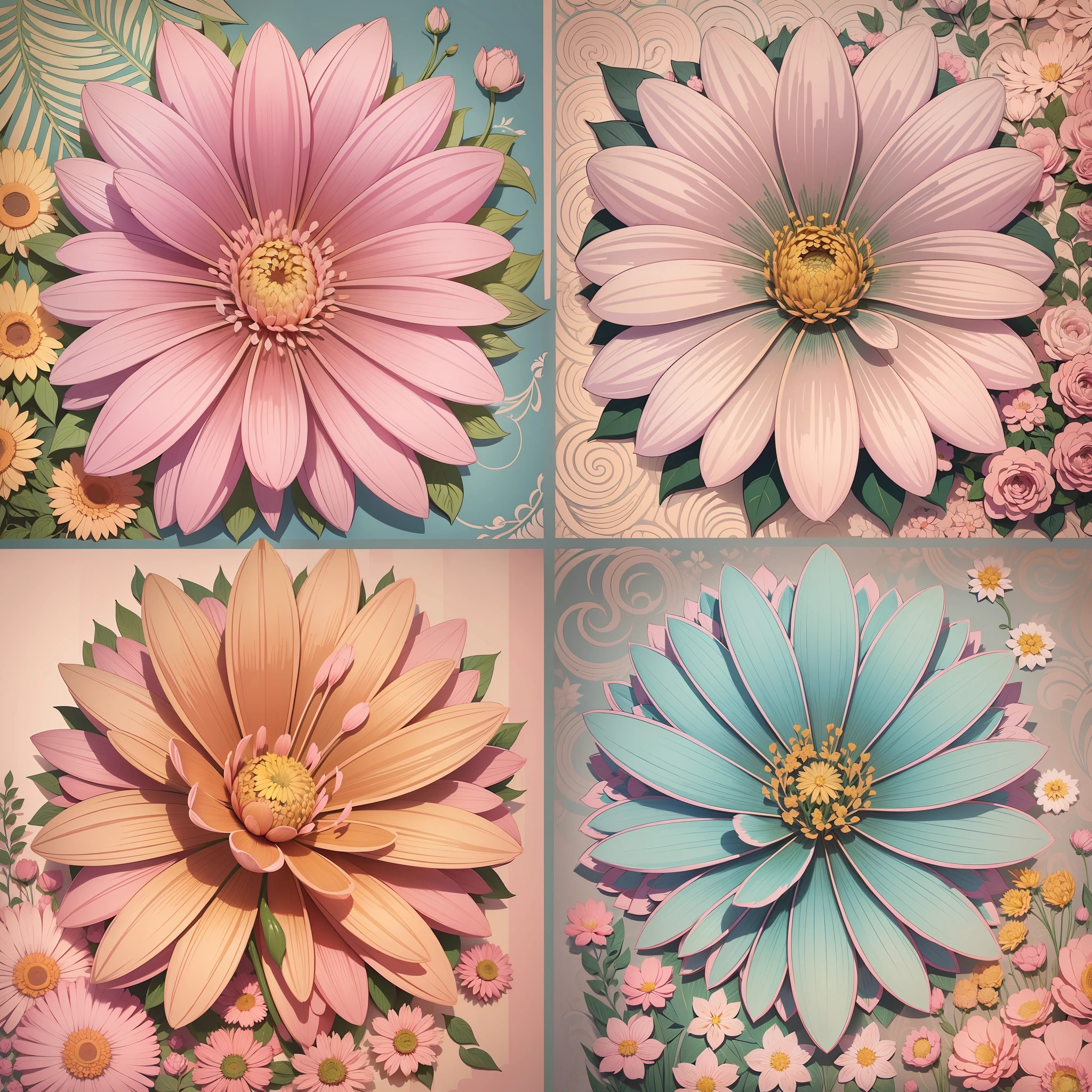 Set pattern of large flowers with plants, defined shape, flat style, vector style, drawing style, naïve style, wallpaper style, in soft pastel colors such as old pink, pastel blue, light blue, beige, pastel yellow. No shadows in the images.