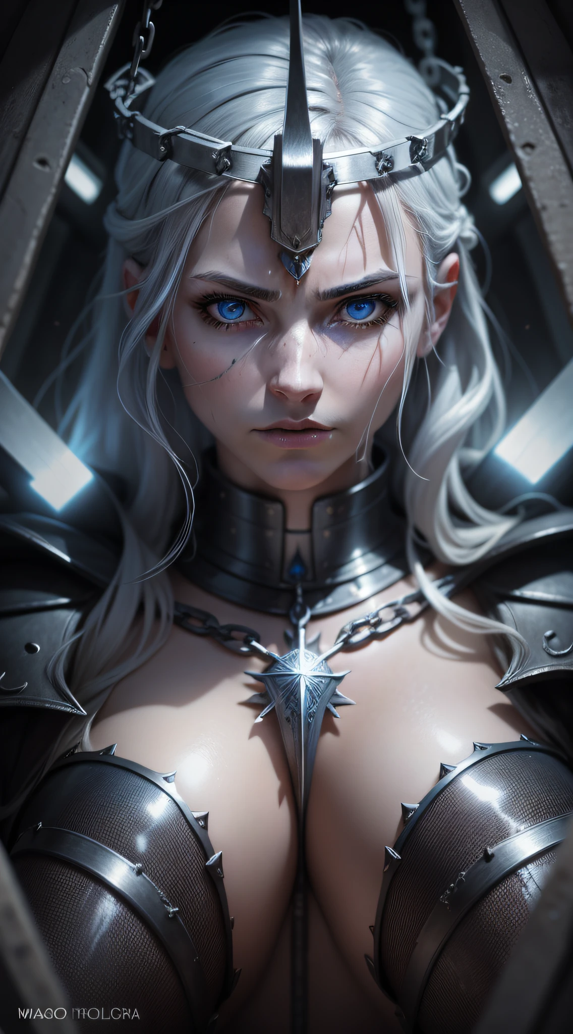 Elara, 40 years old, silver-haired, blue-eyed warrior, warrior princess, imprisoned in a dungeon, dark chains of darkness. Dark dirty environment. suffering, tortured on her knees, chains fastened in her arms. Darkness, crevice light shafts, sad, high detail, Conceptual art, reflection light, cinematic lighting, drop shadow, perspective, UHD, masterpiece, anatomically correct, textured skin, best quality, 1080P, 8k