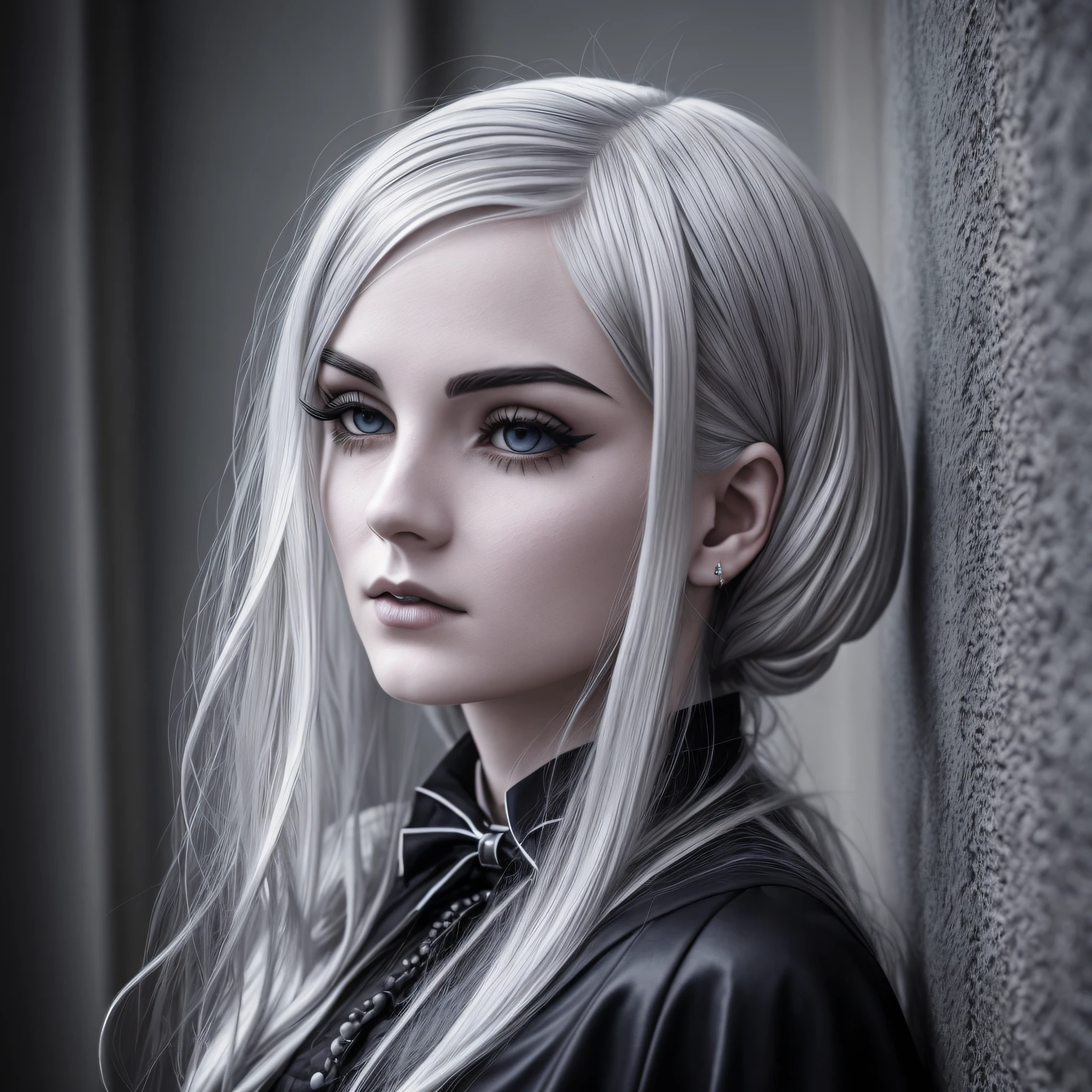 Student of literature passionate about suspense and horror, silver hair, serious, Gothic art, cinematic lighting, high quality --auto --s2