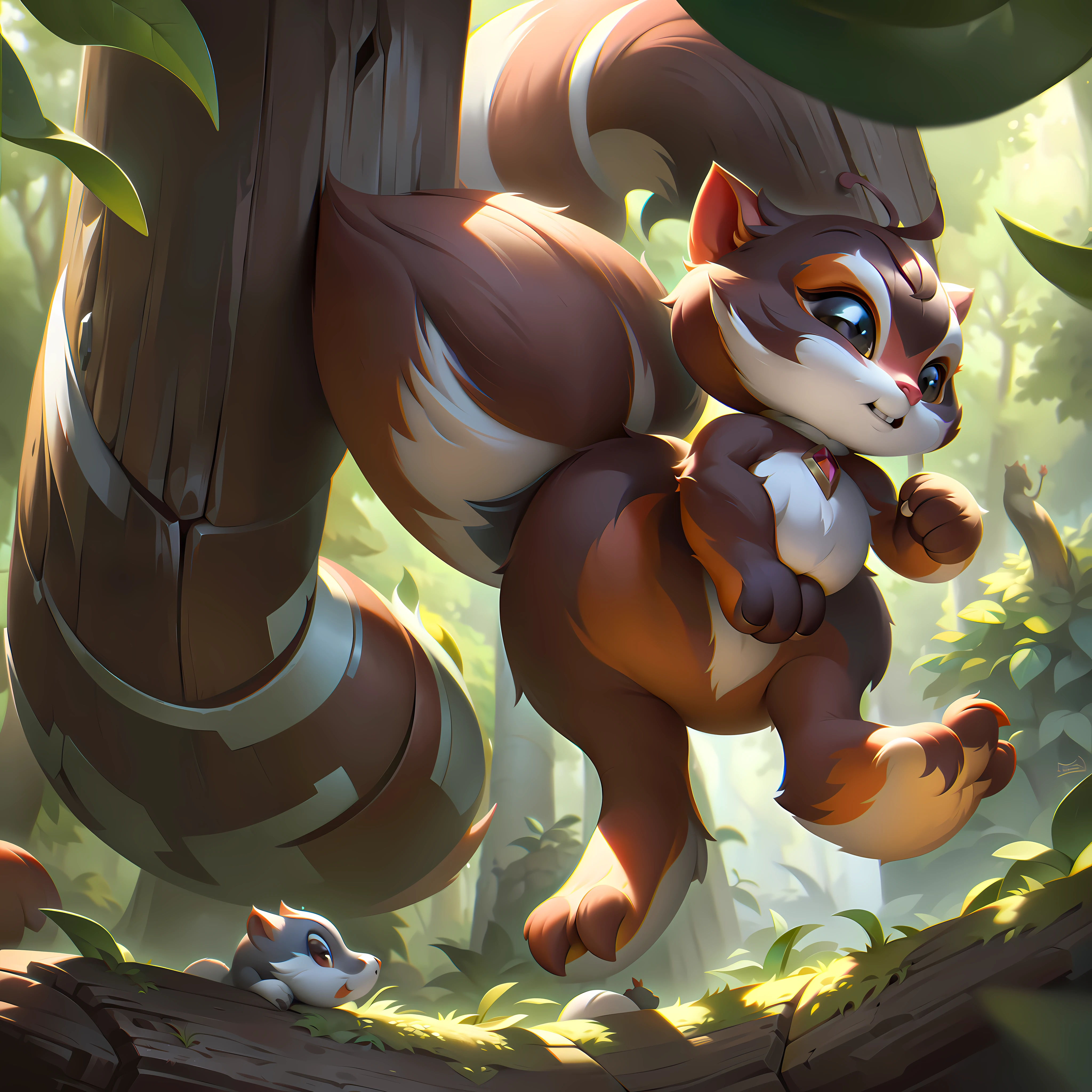 Kille, the Shapeshifting Squirrel, is portrayed in their splashart as an adorable and mischievous yordle, possessing the extraordinary ability to transform into different squirrel forms. The scene is set in a vibrant and lush forest, where nature's beauty serves as the backdrop for Kille's playful adventures.
Kille is depicted as a charming and pint-sized yordle with a mischievous glint in their eyes. They have fluffy, rust-colored fur that is meticulously groomed. Their ears are slightly pointed, showcasing their yordle heritage, and a fluffy squirrel tail extends from their back, twitching with excitement.
In their base form, Kille is shown standing on their hind legs, holding a small acorn in their paws. The acorn is enchanted, pulsating with magical energy, symbolizing Kille's potential for transformation. With a cheeky expression, Kille exudes an aura of playfulness and curiosity.
The splashart showcases Kille's shapeshifting ability through additional smaller images that surround their central figure. These images depict Kille in various squirrel forms, each displaying a unique pose and expression. They can be seen as a flying squirrel, a tree-dwelling squirrel, a ground squirrel, and other playful forms. These transformations emphasize Kille's versatility and adaptability in different situations.
The forest background is a lush and verdant landscape, filled with towering trees and vibrant vegetation. Sunlight filters through the foliage, casting dappled shadows on the forest floor. The air is alive with the sounds of chirping birds and buzzing insects, creating an atmosphere of natural harmony.
The color palette is rich and diverse, featuring earthy tones of greens, browns, and vibrant pops of autumnal colors, splashart, linhas de corpo, cores vibrantes, detalhes requintados, cinematográfico, artstation, rosto detalhado, por rossdraws, por Kienan Lafferty