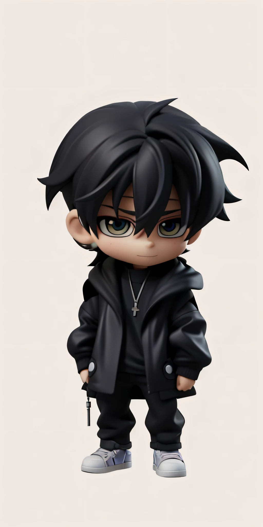 A close-up of a small toy in a black jacket in the style of Nendoroid, Q posket, Nendoroid 3 D, Ikuto Yamashita, Hiro, Chibi, Nendoroid, Anime Boy, Funny Company Anime Style, Nendroid, Kazuto Okada, Advanced Digital Chibi Art, Anime Characters, Anime Chibi, 4k, Ultra Clear