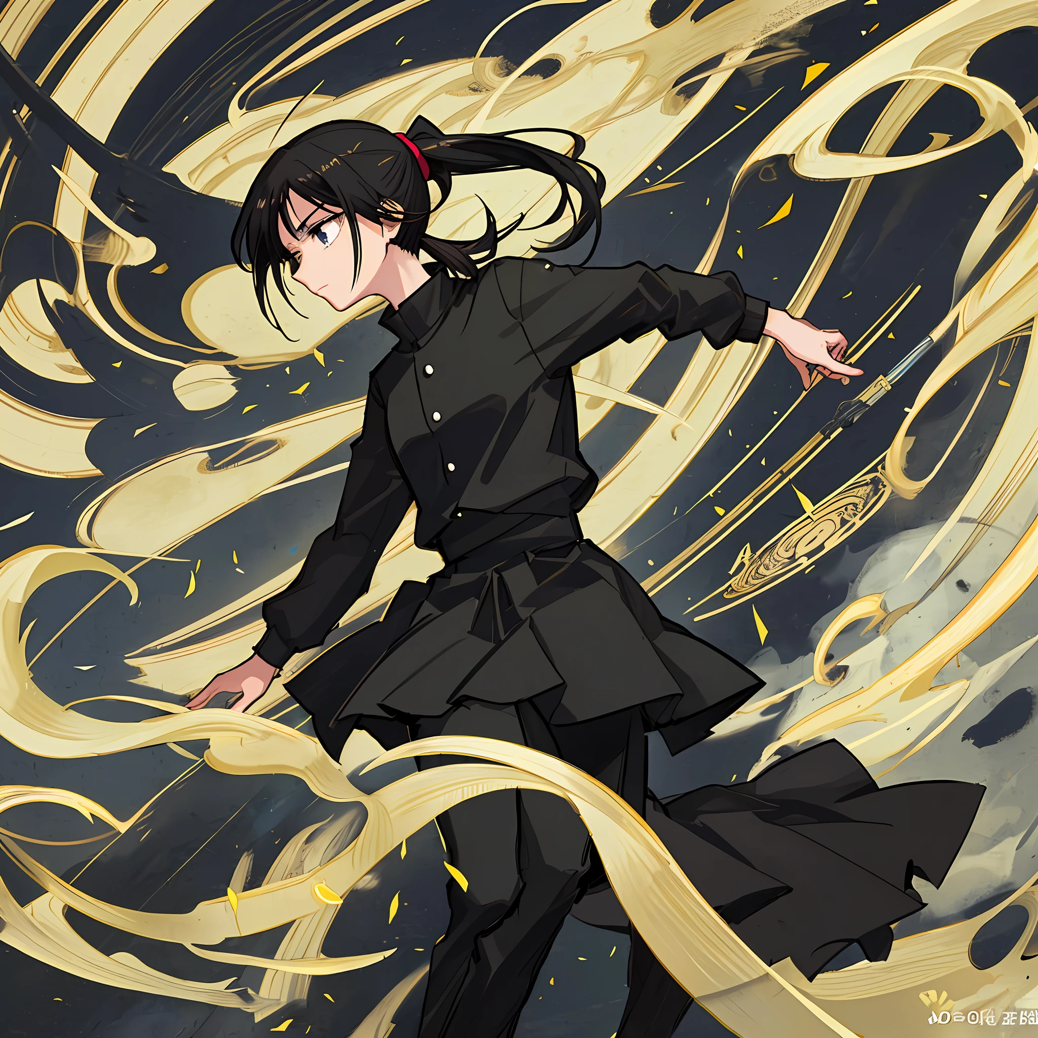 (Masterpiece), (Best Quality), (Super Detail),(Illustration), 1 Woman, Black Hair, Ponytail Hair, Black Clothing, by Yoshihiro Togashi, Manipulating Shadows.
