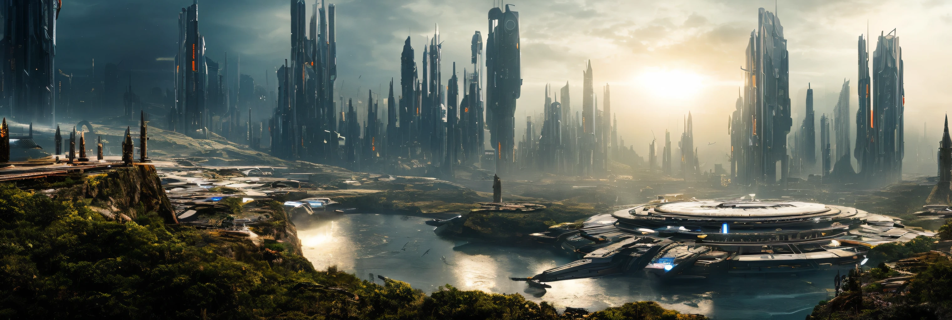 landscape of a futuristic sci fi city, sci fi, ultra realistic, high resolution, city, meteor shower, night, stars, sci-fi, (a word that says, hello:1.2), sci-fi, spaceships, robots, drones, detailed line art, fine details, makoto shinkai kyoto animation key art, trending on artstation, trending on CGsociety, futuristic sci fi city, cyberpunk, bladerunner, ancient, ruined, alien, old, precursor