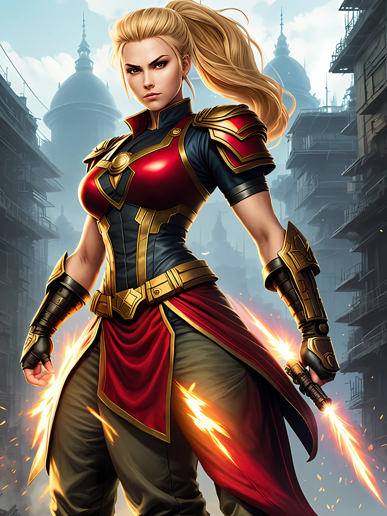 street fighter ,Iron Baroness,(masterpiece, best quality, super detailed, best shadows), (detailed background,) sci-fi liberator captain blonde young strong confident strong healthy military uniform woman
