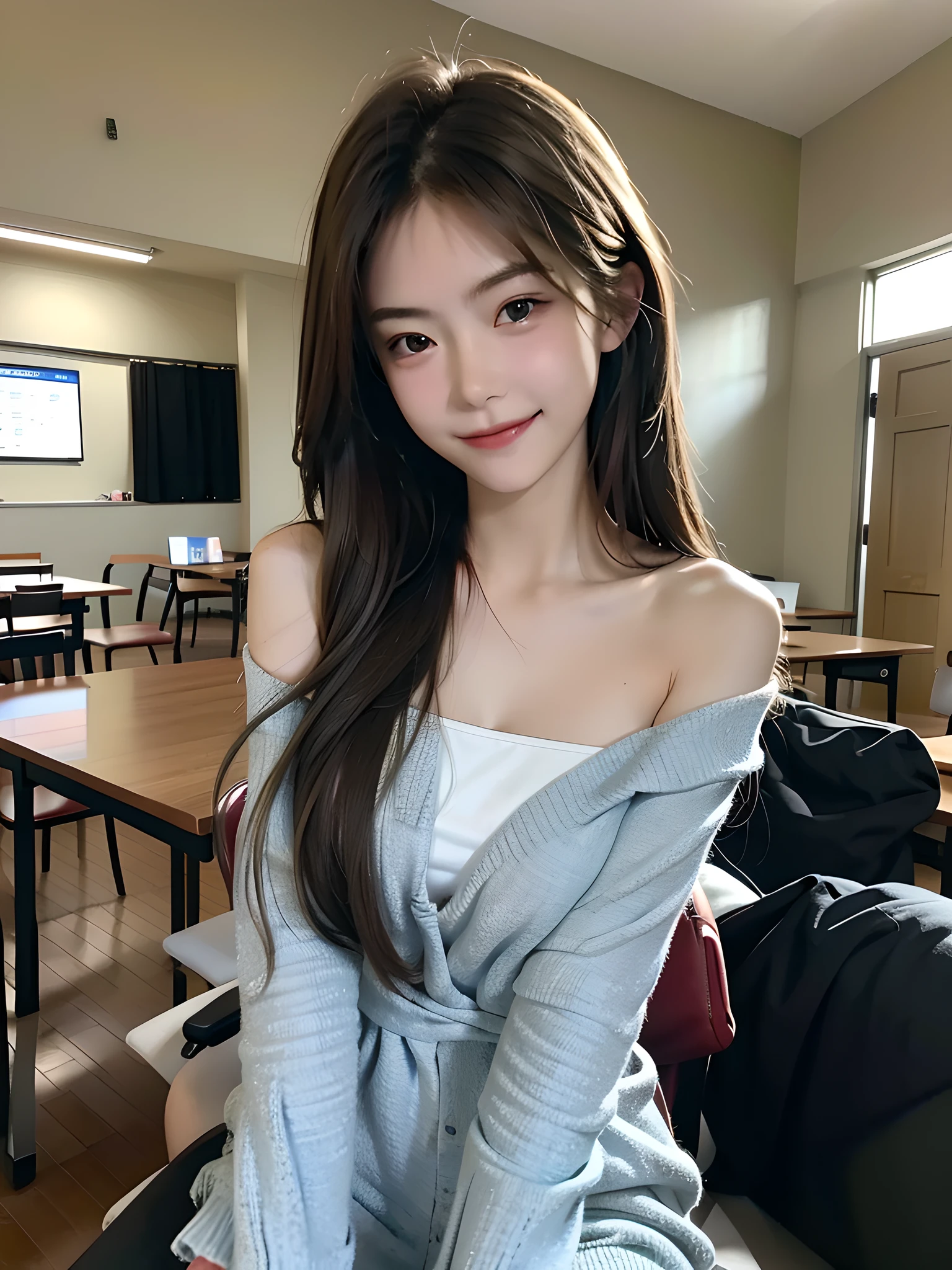 Best quality, masterpiece, super high resolution, realistic, 1 girl, shoulder, smile, college entrance examination, lost exam paper, front