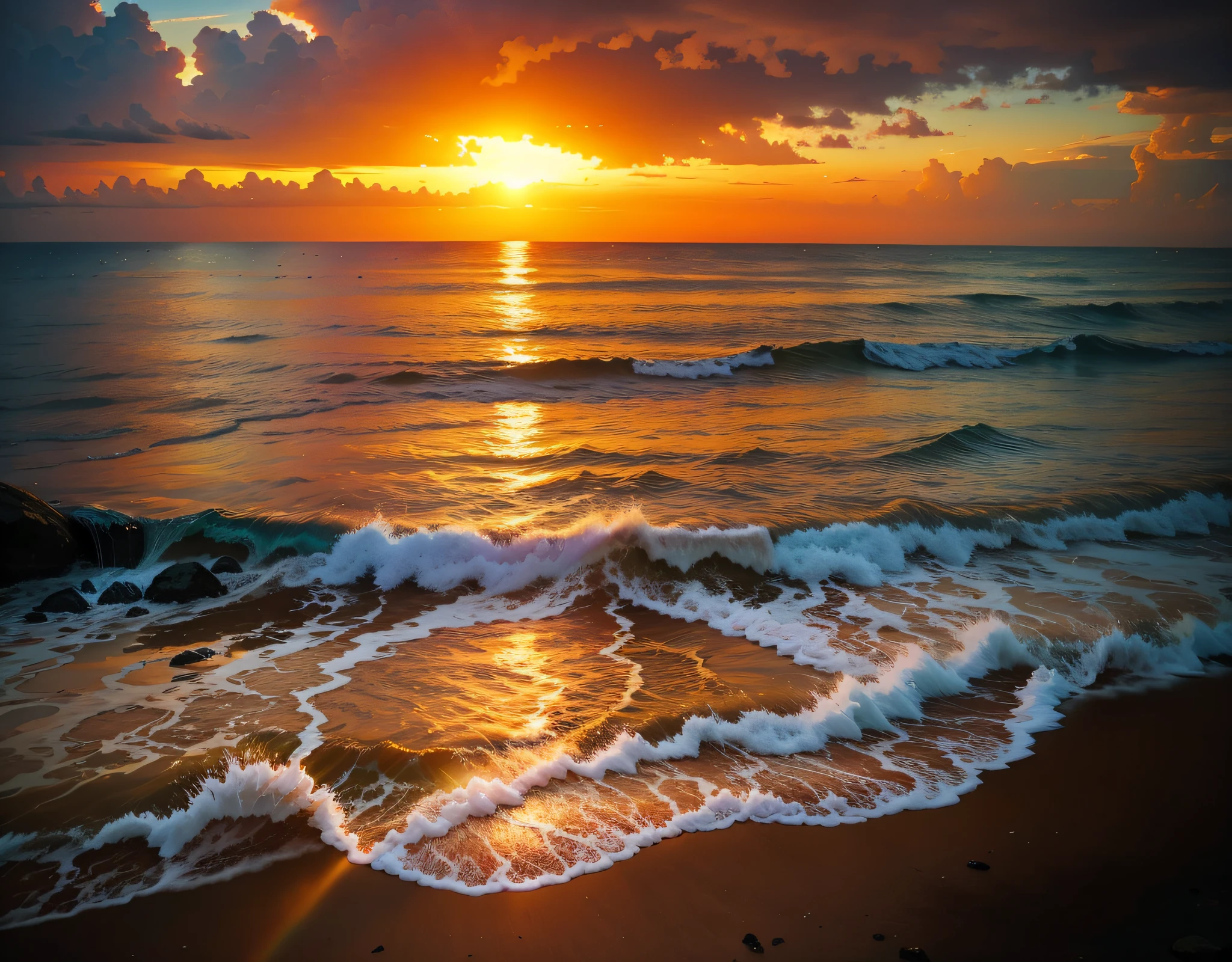 An absolutely mesmerizing sunset over the beach, with a blend of oranges, pinks, and yellows filling the sky. Crystal-clear waters of the sea gently kissing the shore, with sandy white beach stretching far and wide. The scene is dynamic and breathtaking, with seagulls soaring high in the sky and gently swaying palm trees. Take in the calming atmosphere and let the peacefulness wash over you.