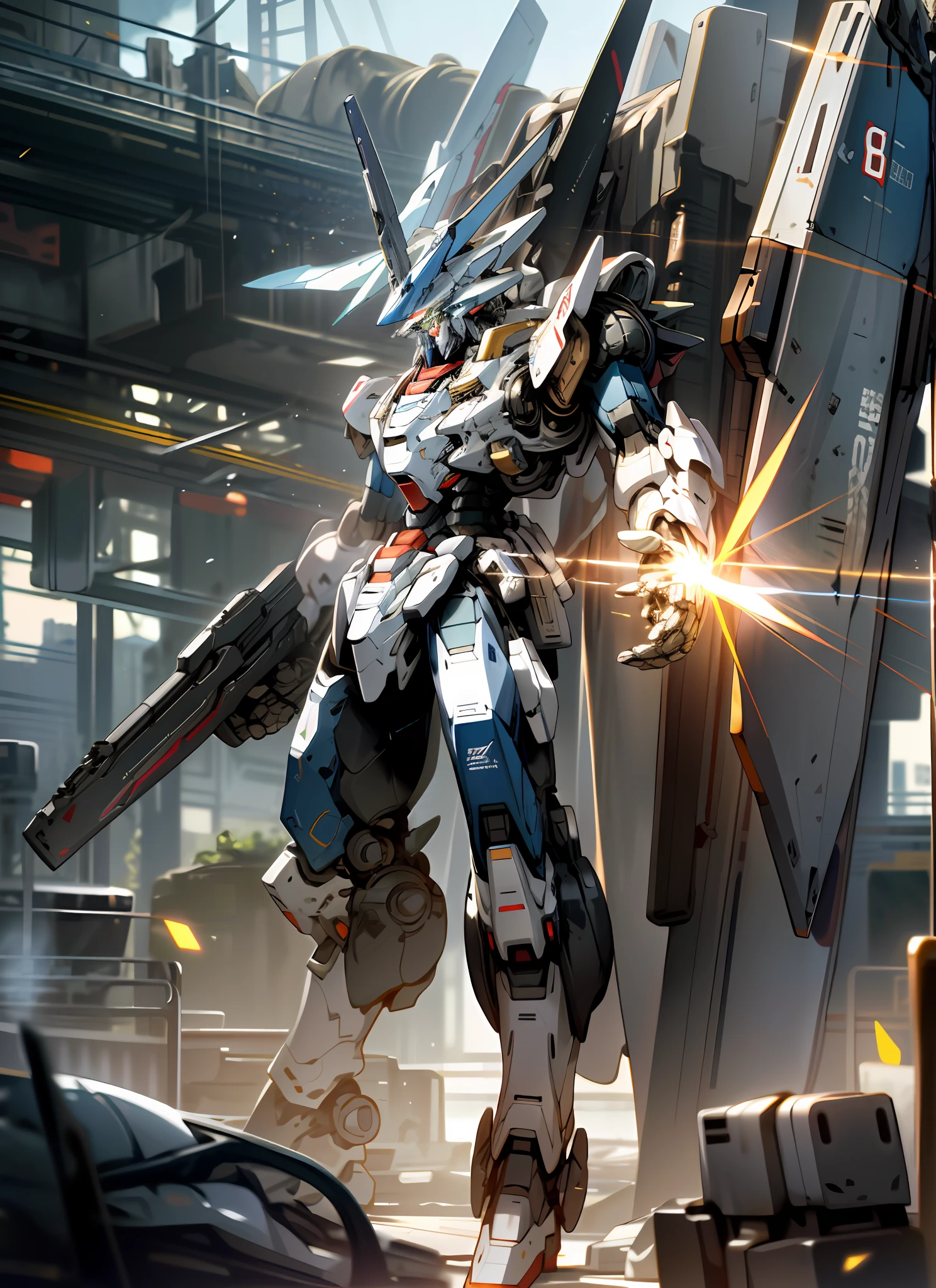 Surrealism, ray tracing, UHD, high details, 8k, best quality, textured skin, Gundam mech, masterpiece, best quality, mecha, unmanned, (full body), (white mech: 1.5), (axisymmetric: 1.4), (HDR), (movie light: 1.1), white eyes, cool, science fiction, fire, laser cannon beam, war, conflict, destroyed city background handheld weapon, (Holding a huge weapon: 1.5), holding an oversized shield, mech man,