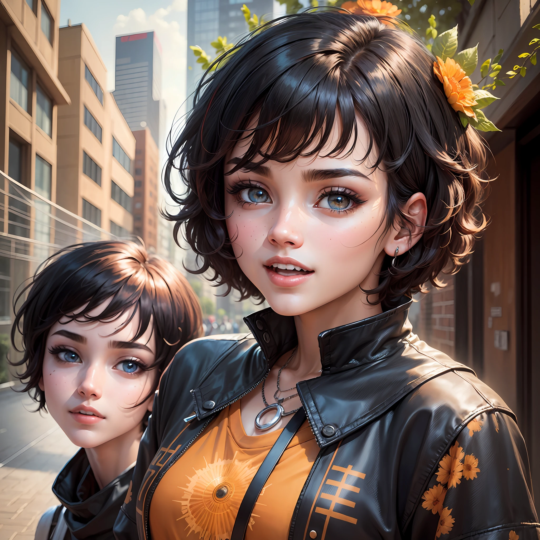 (Masterpiece), (Extreme), (Super detailed), (Body: 1.9), 1man very beautiful, sun, beautiful, black, (short hair: 1.8), colorful shirt, smile, open mouth, city, fashion, coat, blush, tree, shirt, short hair, orange, orange headdress, blurred, long sleeves, bangs, black hair, (beautiful and detailed face), (beautiful and detailed eyes), --auto --s2