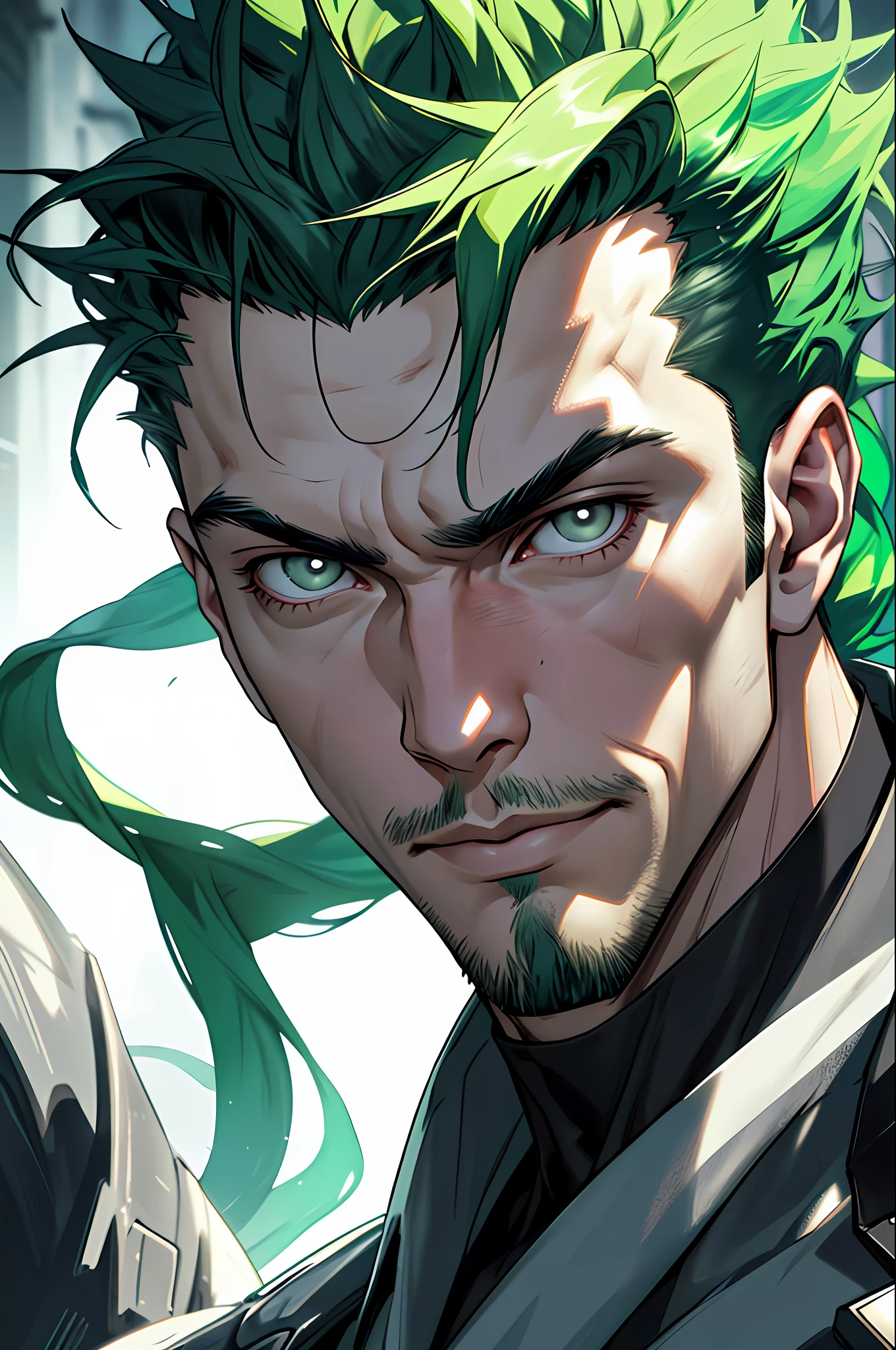Male character with super power to control time, green hair, black eyes, 8k white skin, high definition, detailed face, detailed face, detailed eyes, hyper-realistic, + cinematic plan + dynamic composition, incredibly detailed, sharpness, details + superb details + night with light + perfectionism + award-winning realism ((ambient lighting))