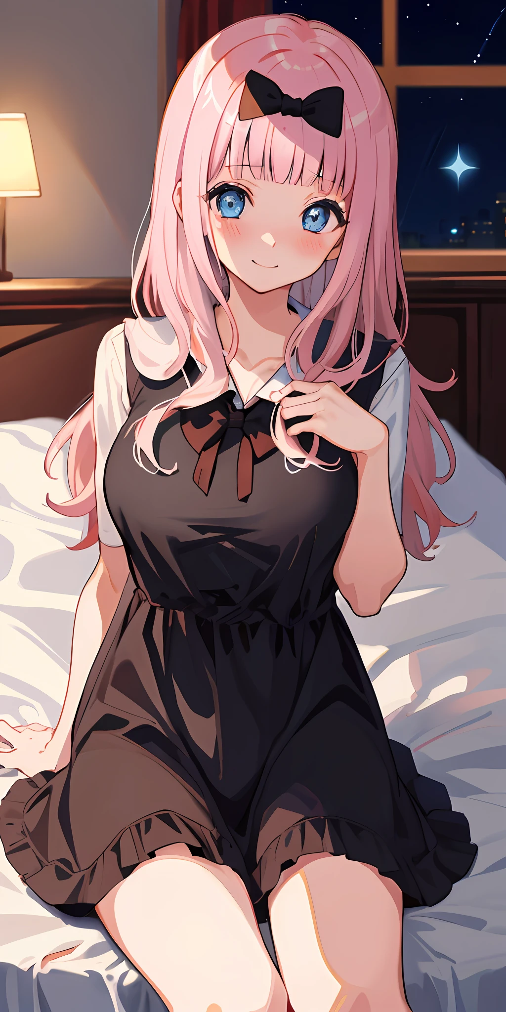 2d, masterpiece, best quality, anime, highly detailed, cowboy shot, 1girl, solo, fujiwara chika, blue eyes, pink hair, hair bow, black bow, animal pajamas ,large breasts, indoors, bedroom, long hair, sitting, bed, night, star, pillow, blushing, plush, detailed eyes, smiling,