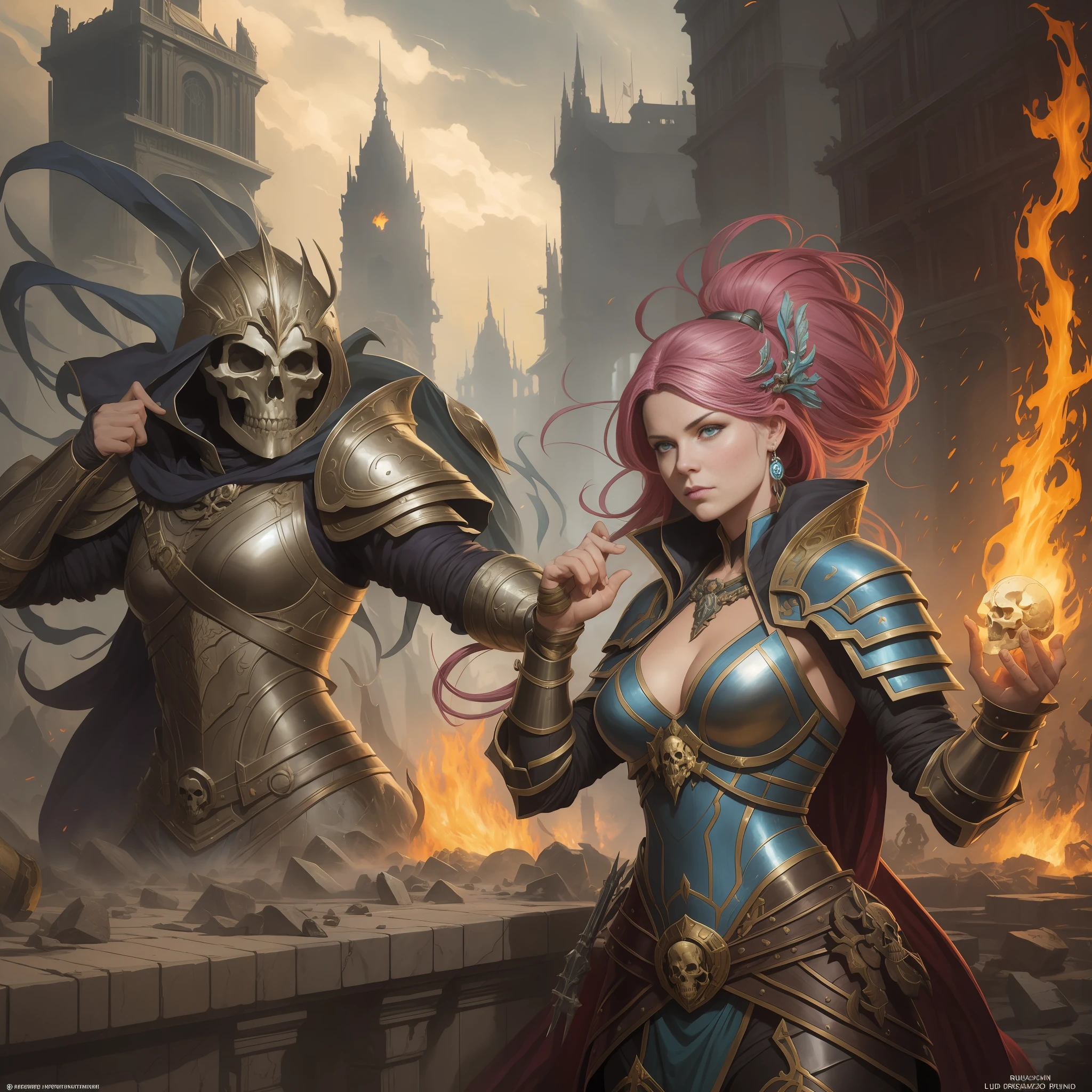 painting of a woman in armor holding a skull-like object, amazing d d d dark sun art, greg rutkowski and krenzcushart, magician fighting a ghoul, pino daeni and dan mumford, inspired by Aleksi Briclot, by Tadeusz Pruszkówski, by Ludwik Konarzewski Jr, painting of a woman with pink hair and a green dress, artgerm julie bell beeple, inspired by Yanjun Cheng, by Caroline Chariot-Dayez, peter mohrbacher style, in the style of peter mohrbacher, fantasy painting style, peter mohrbacher'', jen bartel, colorfull digital fantasy art, 8k, high resolution, painting of a woman in armor holding a skull-like object, amazing d d d dark sun art, greg rutkowski and krenzcushart, wizard fighting a ghoul, pino daeni and dan mumford, inspired by Aleksi Briclot, by Tadeusz Pruszkówski, by Ludwik Konarzewski Jr, 8k, a painting of two skulls in armor with a fire in the background, fantasy card game art, epic fantasy card game art, by Aleksi Briclot, epic fantasy illustration, epic fantastic card game art, painting of a woman in armor holding a skull-like object, amazing d d d dark sun art, greg rutkowski and krenzcushart, magician fighting a ghoul, pino daeni and dan mumford, inspired by Aleksi Briclot, by Tadeusz Pruszkówski, by Ludwik Konarzewski Jr, 8k, a painting of two skulls in armor with a fire in the background, fantasy card game art, epic fantasy card game art, by Aleksi Briclot, epic fantasy illustration, epic fantastic card game art,
