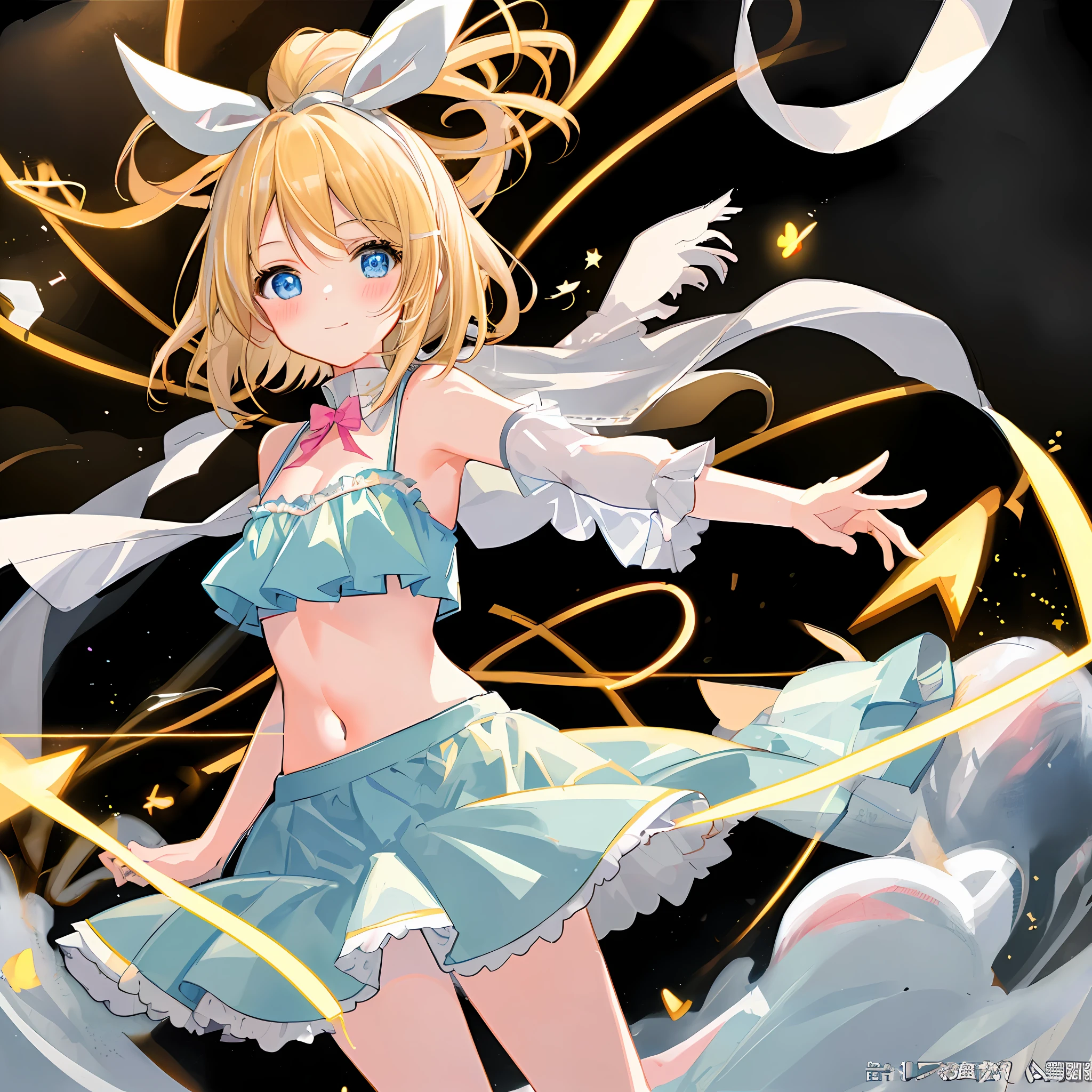 (((Masterpiece)))), (((Best Quality)))), (Illustration)))), (Ultra Detail)), (High Definition)))), One Girl, (Rin Kagamine), (Blush), (Embarrassing)), Cowboy Shot, Look Viewer, (White Bikini), Cute, Medium, Popular on pixiv, , Beautiful Girl Anime Style, Buruaka Style, See-through, Cleavage, Most Popular on pixiv, Angel, Sleeveless, Navel visible, Innocent face, Pure white wings on the back, Character center, Circle of angels, One Girl, Official Fan Art, pixiv masterpiece, Smile, pixiv Top Rating, Lover's POW, Incredibly cute, Adorable, Precious, Adorable, Curvaceous, Attractive girl, White ribbon on head, I want to protect, Arouse possessiveness, Clear light blue eyes, Delicate hands, very beautiful face, approaching the subject, sweet gesture, heart in background, short hair, bright eyes, love love, dating viewer, blonde, idol class beautiful girl, hugging gesture, reaching for me, best moment, want to hug me, don't want to give it to anyone, devilish charm, angel that carries happiness, innocence, untainted dirty, sister attribute, loliund 14 yearsal Kagamine Rin