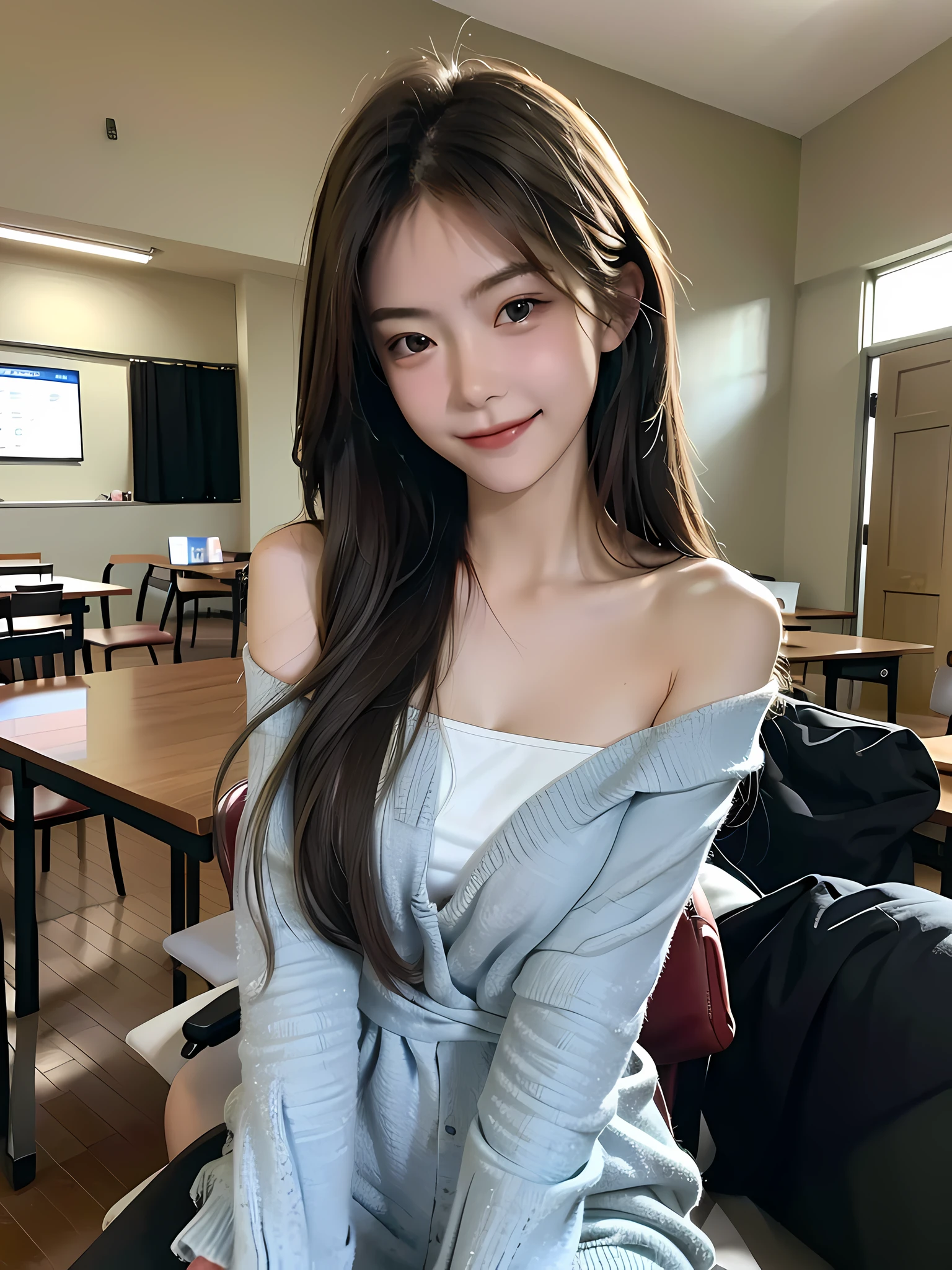 Best quality, masterpiece, super high resolution, realistic, 1 girl, shoulder, smile, college entrance examination, lost exam paper, front