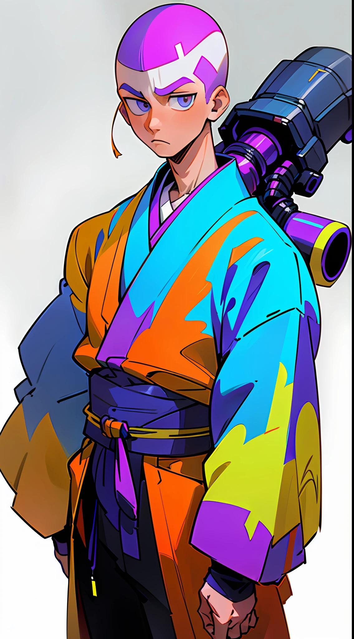 center shot,upper body, colorful cyber kimono,((32k, 8k, masterpiece,high quality)), a man,((skin head)),((upright)), solo,1man,cowboy shot,full body,looking at biewer,((white background,simple background))