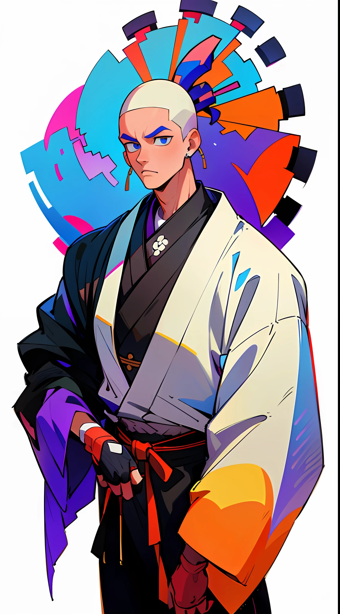 center shot,upper body, colorful cyber kimono,((32k, 8k, masterpiece,high quality)), a man,((skin head)),((upright)), solo,1man,cowboy shot,full body,looking at biewer,((white background,simple background))