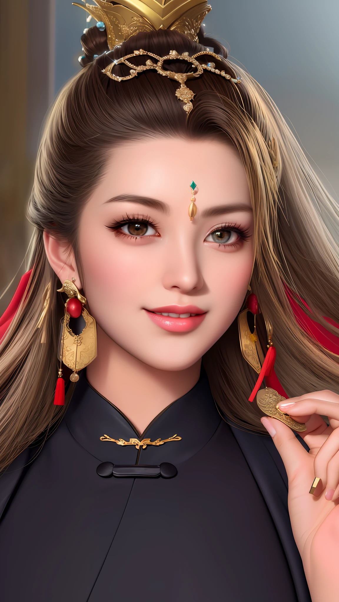 best quality, masterpiece,Upper body, night, full moon, 1 girl, mature woman, chinese style, ancient china, sister, imperial sister, smile, black hair, high ponytail, coiled hair, hairpins, light pink lips, calm, intellectual, brown eyes, tassels, gold thread, beads, armor, shroud silk dress, fine face, facial close-up, hand close-up, red clothes,Beautiful face,photorealistic, rim lighting, two tone lighting,(high detailed skin:1.2), 8k uhd, dslr, soft lighting, high quality, volumetric lighting, Photograph, high resolution, 4k, 8k, Bokeh