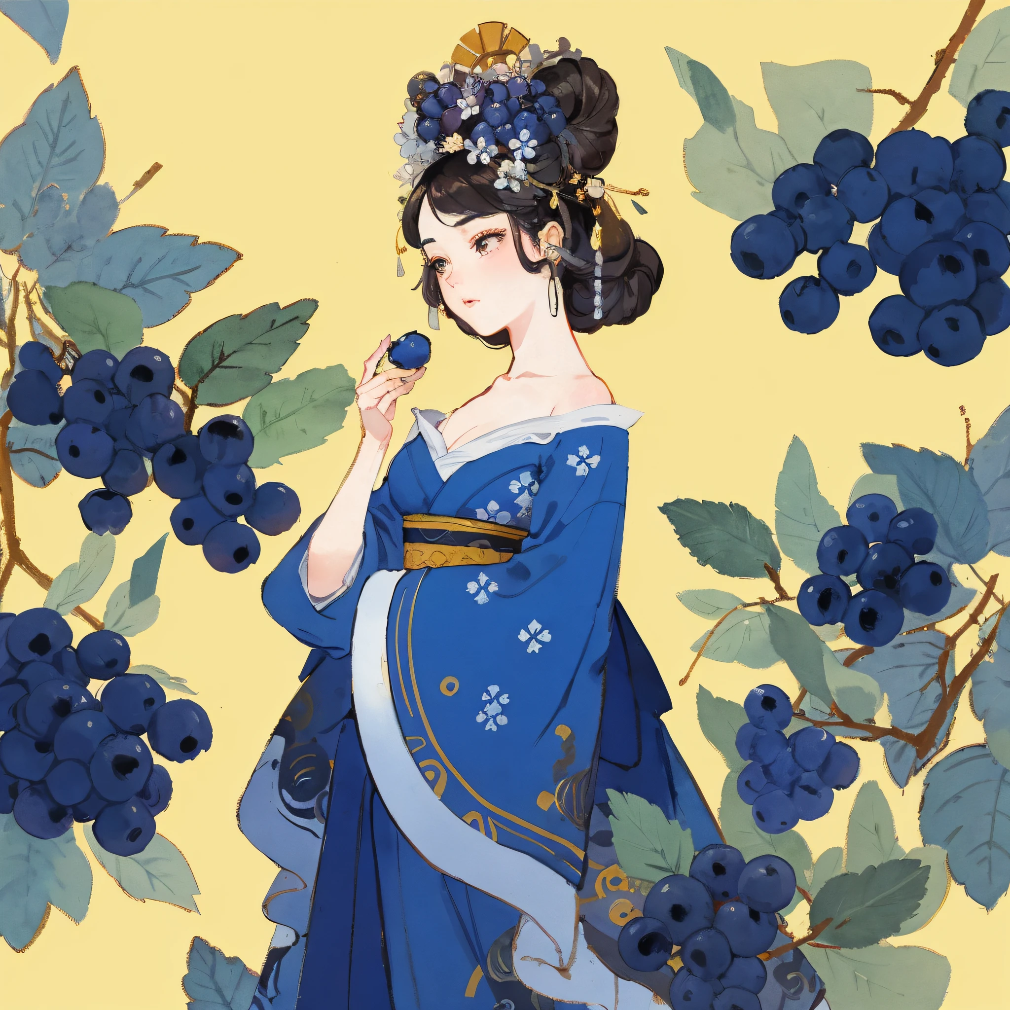 (Masterpiece, Best Quality: 1.2), a traditional Chinese ink painting depicting a Hanfu lady holding a blueberry surrounded by traditional Chinese elements such as cloud motifs, ink splashes and landscape paintings