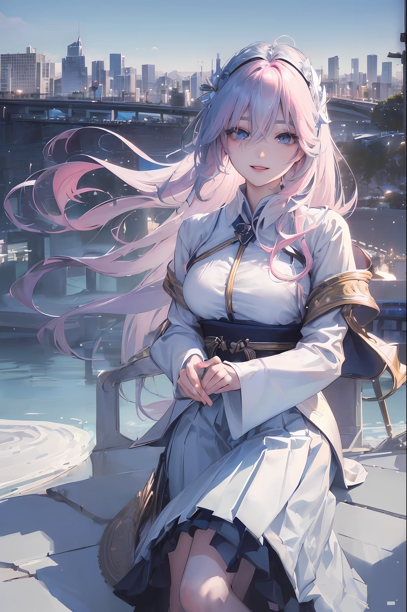 official art, masterpiece, sharp focus, (beautiful gorgeous cute Korean woman:1.3), (beautiful cute korean:1.3), korean beauty, Delicate and beautiful hair and eyes and face, realistic, ultra detailed, beautiful girl, blue sky, glow white particle, (sidelighting:1.2), sun light, white cloud, detailed clouds, slender, Lovely very large breasts and very large hips, smile with teeth, ((smile with eyes, open both eyes)), scenery, long straight hair, sexy facial expression, building, (cityscape:1.7), dynamic hair, long straight hair, detailed platinum pink hair, glow blue eyes, (blue pleated shirts + white skirt), white long socks, pale skin, hair ornament, epic scenery,