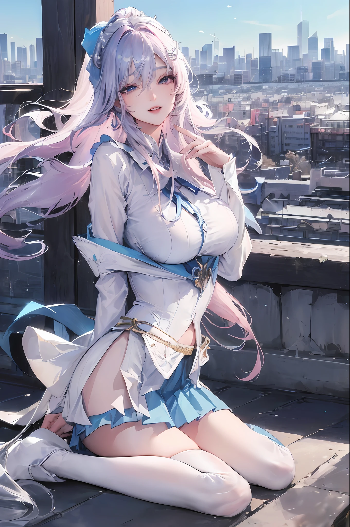 official art, masterpiece, sharp focus, (beautiful gorgeous cute Korean woman:1.3), (beautiful cute korean:1.3), korean beauty, Delicate and beautiful hair and eyes and face, realistic, ultra detailed, beautiful girl, blue sky, glow white particle, (sidelighting:1.2), sun light, white cloud, detailed clouds, slender, Lovely very large breasts and very large hips, smile with teeth, ((smile with eyes, open both eyes)), scenery, long straight hair, sexy facial expression, building, (cityscape:1.7), dynamic hair, long straight hair, detailed platinum pink hair, glow blue eyes, (blue pleated shirts + white skirt), white long socks, pale skin, hair ornament, epic scenery,