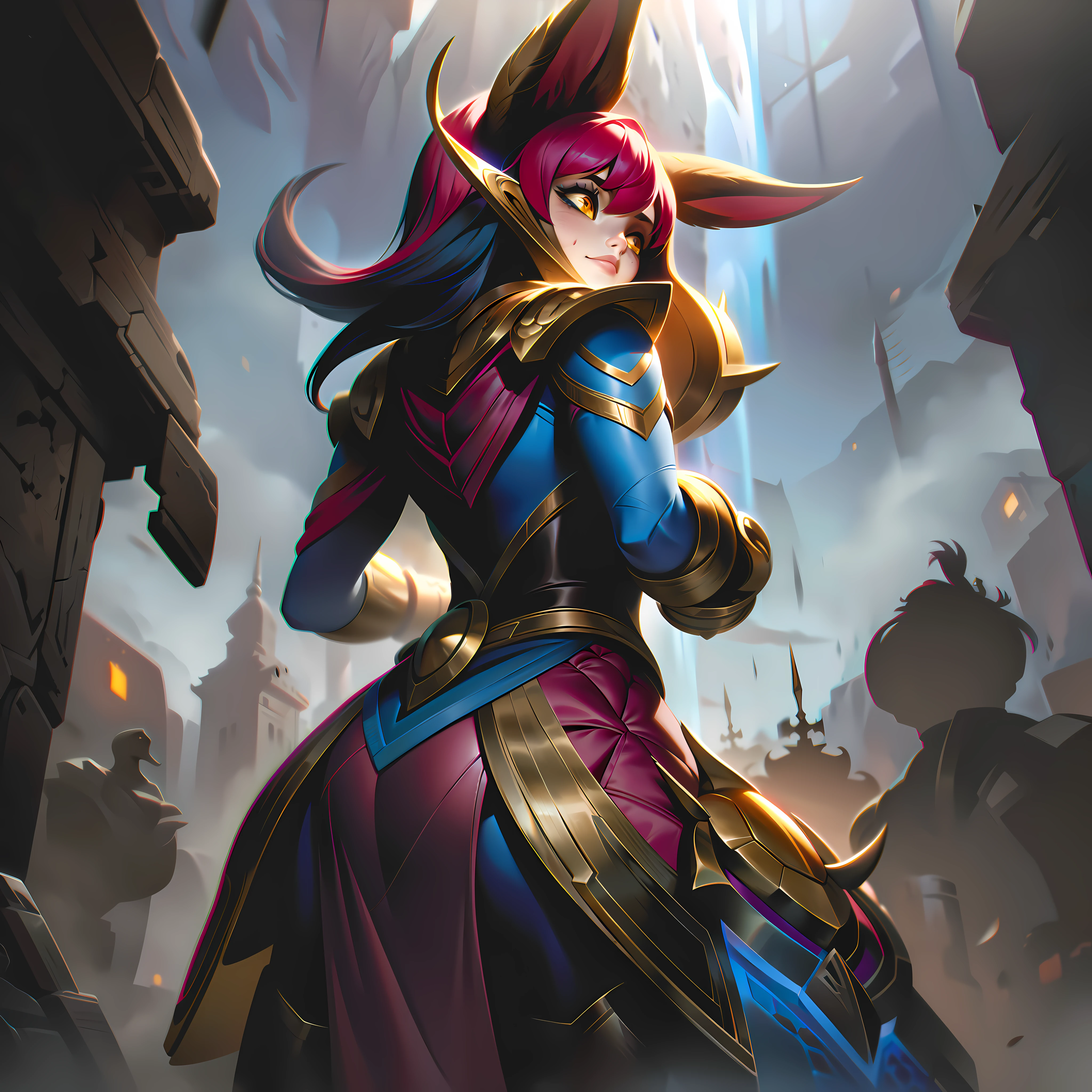 Rarhia, the Resilient Yordle, is depicted in their splashart as a courageous and durable yordle, adorned with a sturdy turtle shell that enhances their resilience. The scene is set in a dramatic landscape, showcasing Rarhia's unwavering determination in the face of adversity.
Rarhia stands tall, their yordle physique portrayed with a blend of cuteness and strength. They have fluffy, vibrant-colored hair that frames their face, and their wide eyes shimmer with determination. The turtle shell, their distinctive feature, is intricately designed with patterns and textures, representing both protection and wisdom.
Rarhia's yordle form is clad in practical and sturdy armor, reflecting their tenacious nature. They stand with a confident and commanding posture, ready to face any challenge that comes their way. Their hands grip a mighty weapon, displaying their proficiency in combat and their dedication to protecting their allies.
The turtle shell rests securely on Rarhia's back, acting as a shield against incoming attacks. Its surface bears battle scars and marks of resilience, demonstrating the trials they have faced. The shell's texture is depicted in great detail, showcasing the interplay of light and shadow on its surface.
The backdrop of the splashart is a grand, ancient battlefield, strewn with remnants of past conflicts. The sky above is dark and stormy, symbolizing the challenges that Rarhia has overcome and those they continue to face. Lightning flashes across the sky, highlighting their unwavering resolve.
The color palette consists of deep earthy tones, with Rarhia's vibrant hair and armor providing contrasting pops of color, splashart, linhas de corpo, cores vibrantes, detalhes requintados, cinematográfico, artstation, rosto detalhado, por rossdraws, por Kienan Lafferty