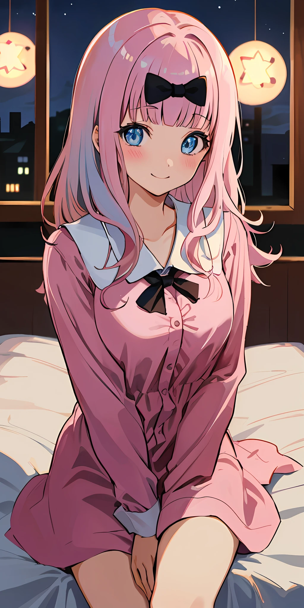 2d, masterpiece, best quality, anime, highly detailed, cowboy shot, 1girl, solo, fujiwara chika, blue eyes, pink hair, hair bow, black bow, pajamas ,large breasts, indoors, bedroom, long hair, sitting, bed, night, star, pillow, blushing, plush, detailed eyes, smiling,