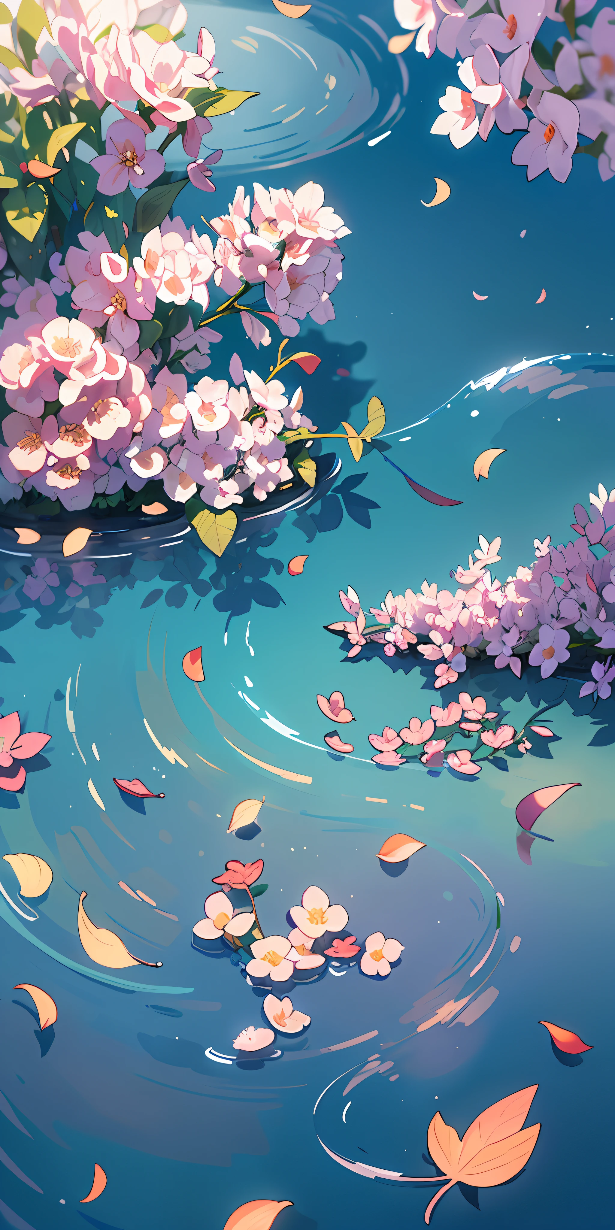 Masterpiece, best quality, (very detailed CG unity 8k wallpaper) (best quality), (best illustration), (best shadows) Nature', blue sea,delicate leaves petals of various colors falling in the air light Tracking, super detailed --v6