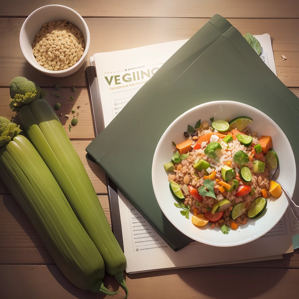 vegan cookbook cover with vegetables, grains and cereras --auto --s2
