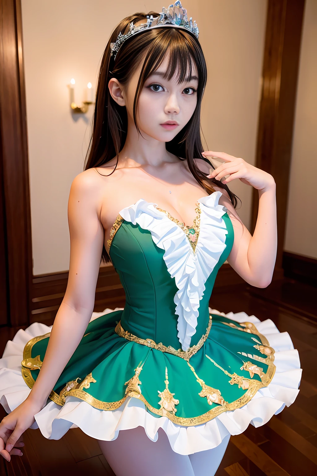 (best quality, 8k, 32k, masterpiece, uhd:1.2), (RAW photo), (realistic:1.13), (photorealistic:1.12), (absurdres, high resolution), (ultra detailed), (huge filesize:1.2), 1girl, (loli:1.3), cute, japanese, extremely detailed beautiful face & eyes, cleavage, small face, thin waist, thin thighs, slender body, (cowboy shot:1.15), (sweaty:1.15), bare legs, emerald tutu, tiara, Primaballerina_tutu,