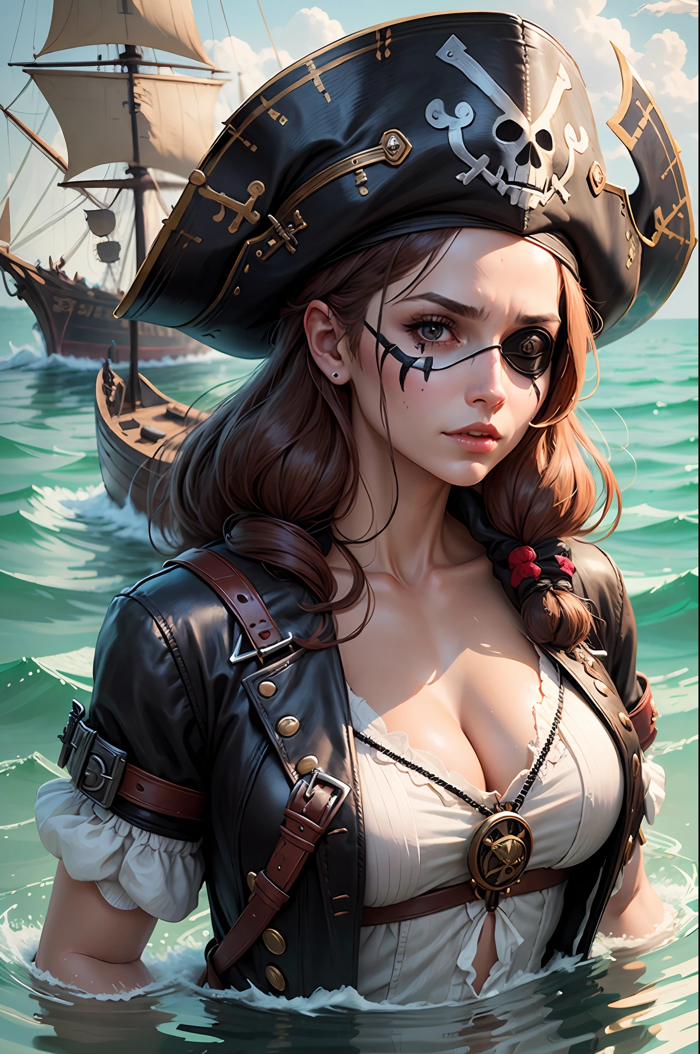 woman dressed like a pirate, in full growth, with 3 cornered hat and black eyepatch water in the background hyper realistic --auto --s2