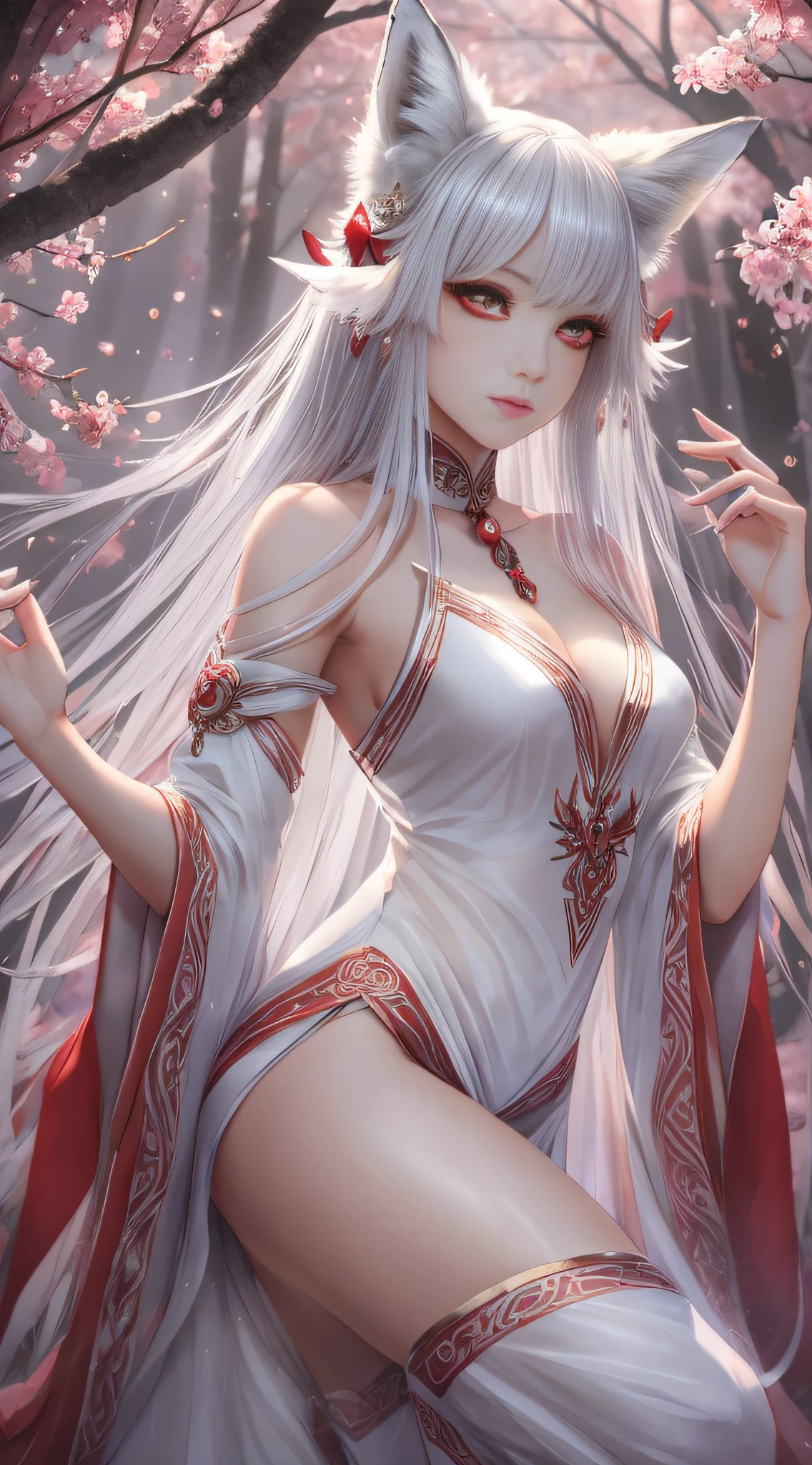 With the theme of a beautiful fox spirit, it shows her wearing a white loose costume, lazy movements, a delicate and beautiful face, very attractive eyes, and red eye shadow, which looks charming. Highlight her mystery and fairy, using soft colors and renderings to create a mysterious, romantic atmosphere. --auto --s2