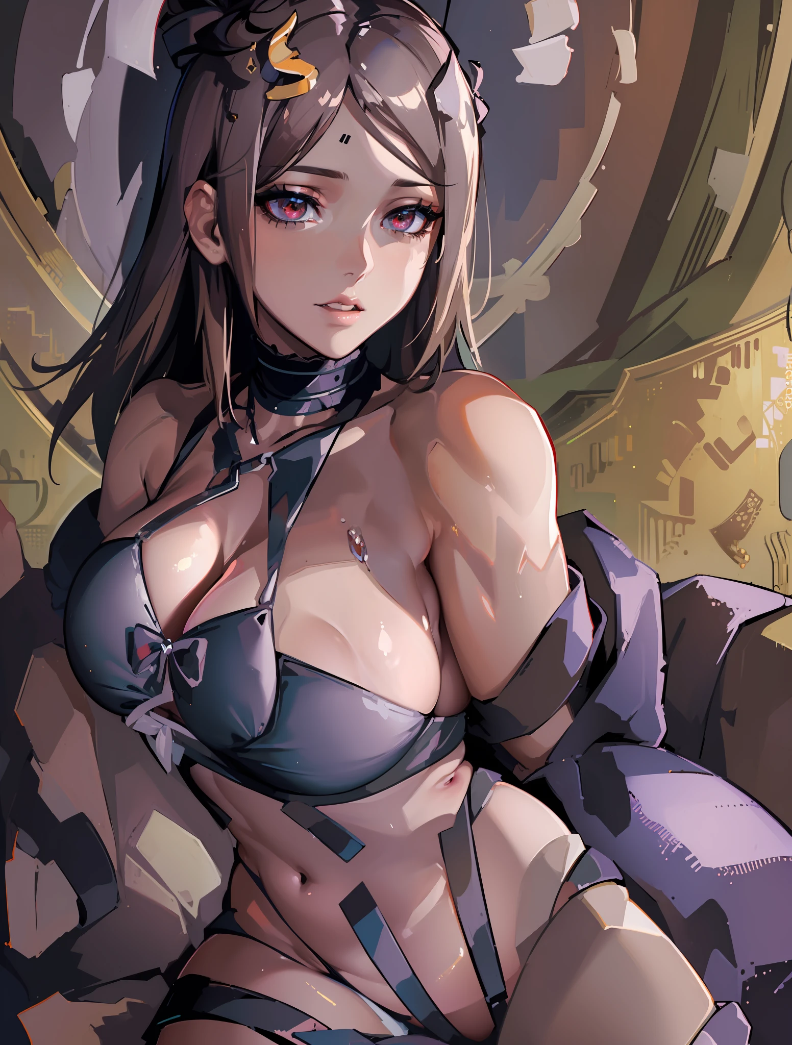 ((Best quality, 8k, Masterpiece :1.3)), dramatic lighting, pretty woman, 1girl, huge breasts :1.3, (firm abs, slender figure :1.1), lustful, dark brown hair, (panties :1.1), ultra-detailed face, detailed lips, detailed eyes, double eyelid, hot couple, boyfriend, man friend, couple pose, bed, boudoir