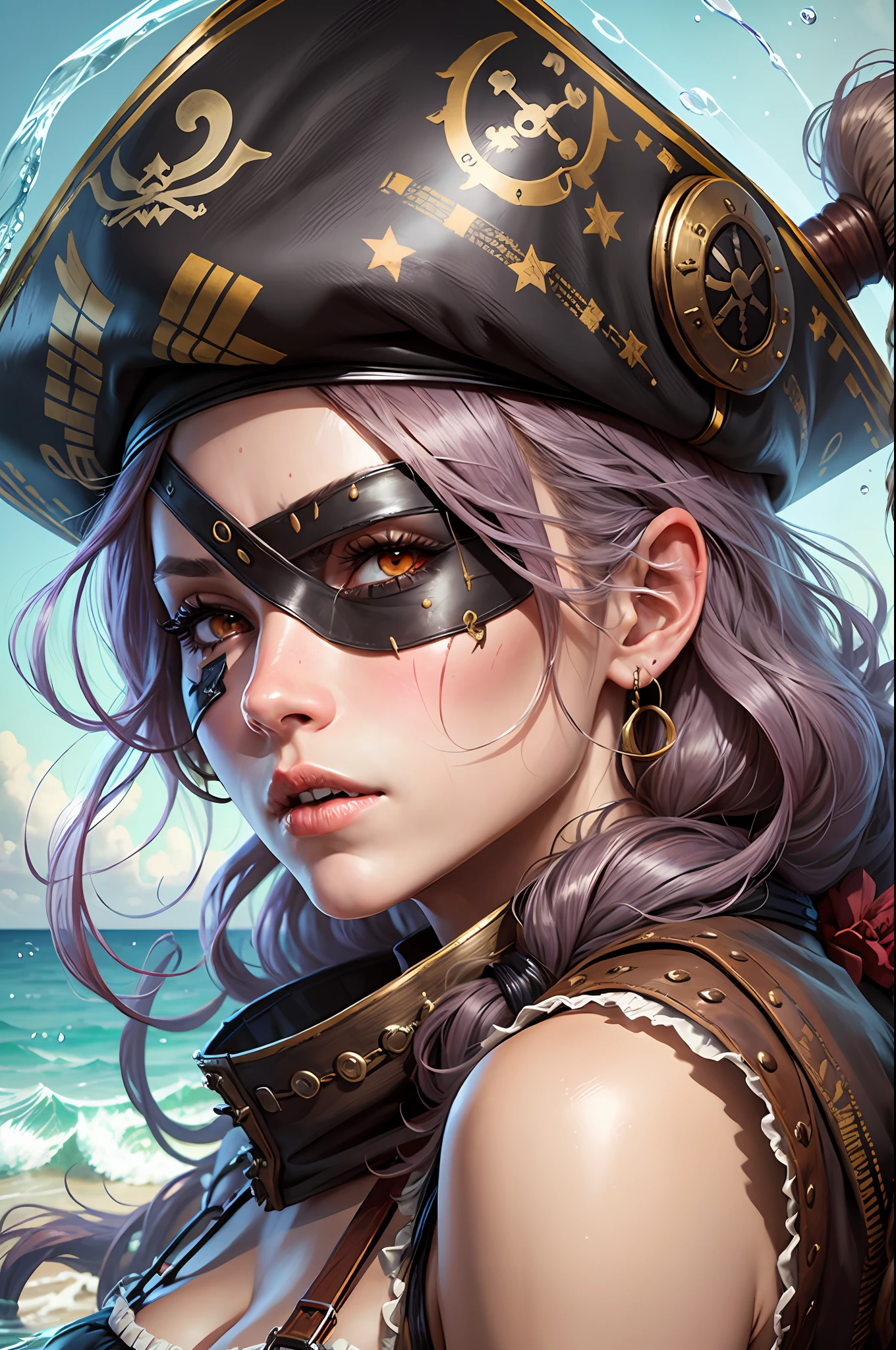 woman dressed like a pirate, in full growth, with 3 cornered hat and black eyepatch water in the background hyper realistic --auto --s2