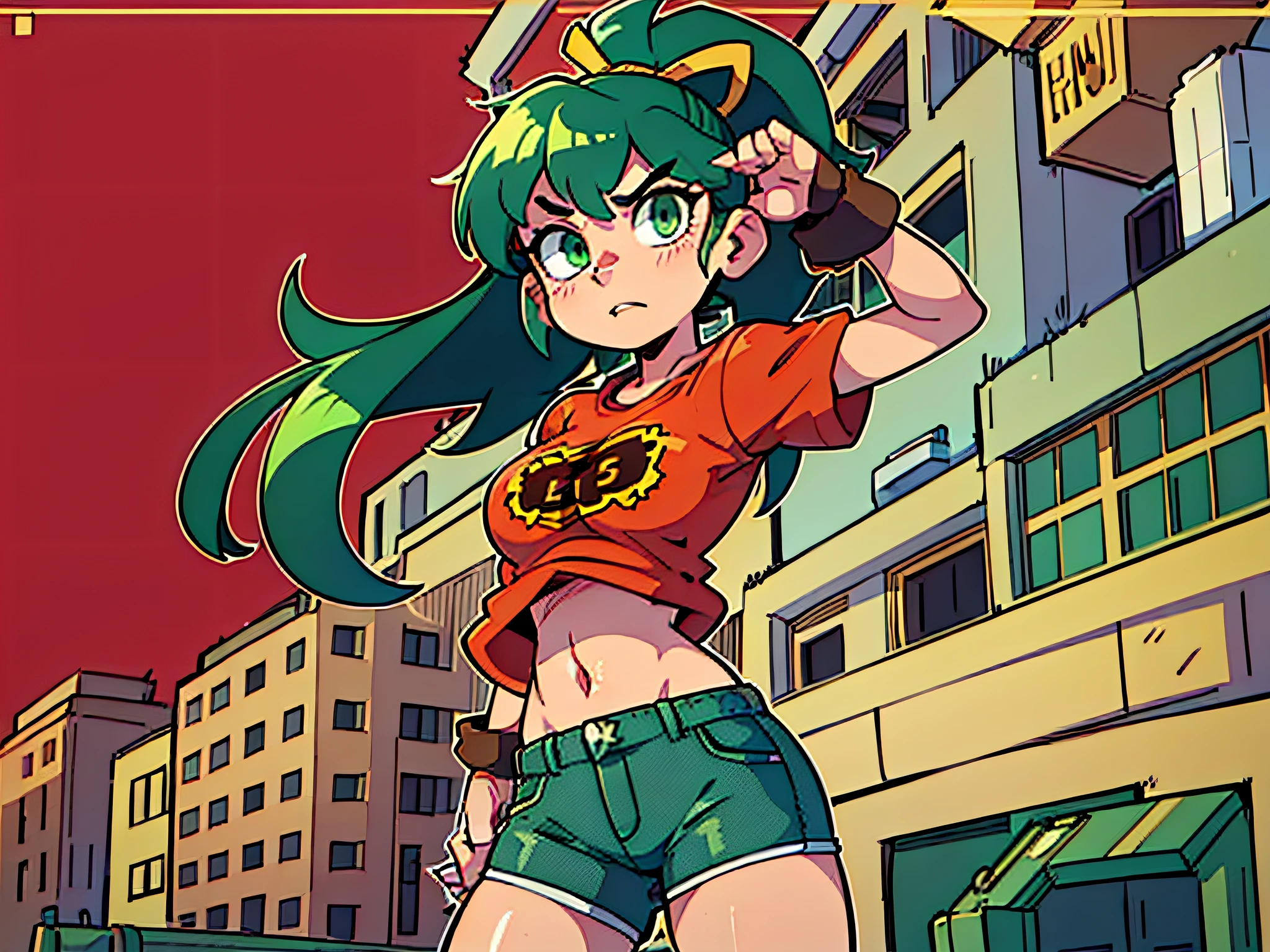 masterpiece, high quality, (anime), best quality, ((1girl)), very detailed eyes and face, loose red shirt, dynamic light, (beautiful background: 1.3), (((green eyes))), ((red shirt)))), ((yellow logo)), denim shorts, aquamarina shorts, yellow ribbon, (((long short))), (gray tights), ((flat chest)), ( years), small figure, small thighs, (fire logo), (large size shirt), ((ponytail hair)), ((ponytail hair)), ((dynamic background)), ((dark greenish hair)), ((embarrased)), ((looking at the viewer)),