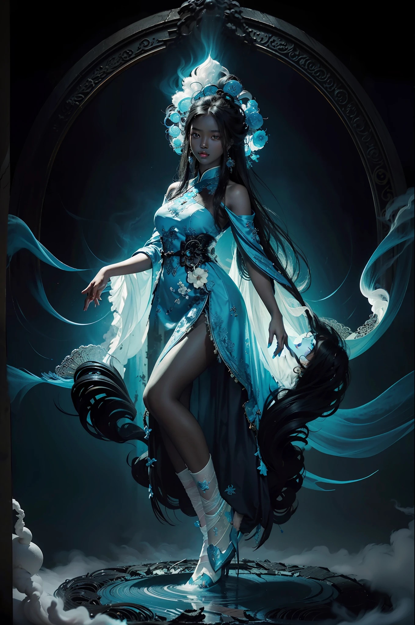 Zhong Fenghua, 1 girl (DARK SKINNED, AFRO WOMAN, with long straight black hair) (full body:1.5) ,solo, hanfu, black esoteric circle, dark petals, (white smoke:1.3) (realistic:1.4), magical dark, church, esoterism, official art, unity 8k wallpaper, super detailed, beautiful and beautiful, masterpiece, best quality, (dynamic angle: 1.4), glowing skin, (floating blue flames: 1) the most beautiful chaotic forms, elegance, brutalist design, bright colors, romantic depth of field,