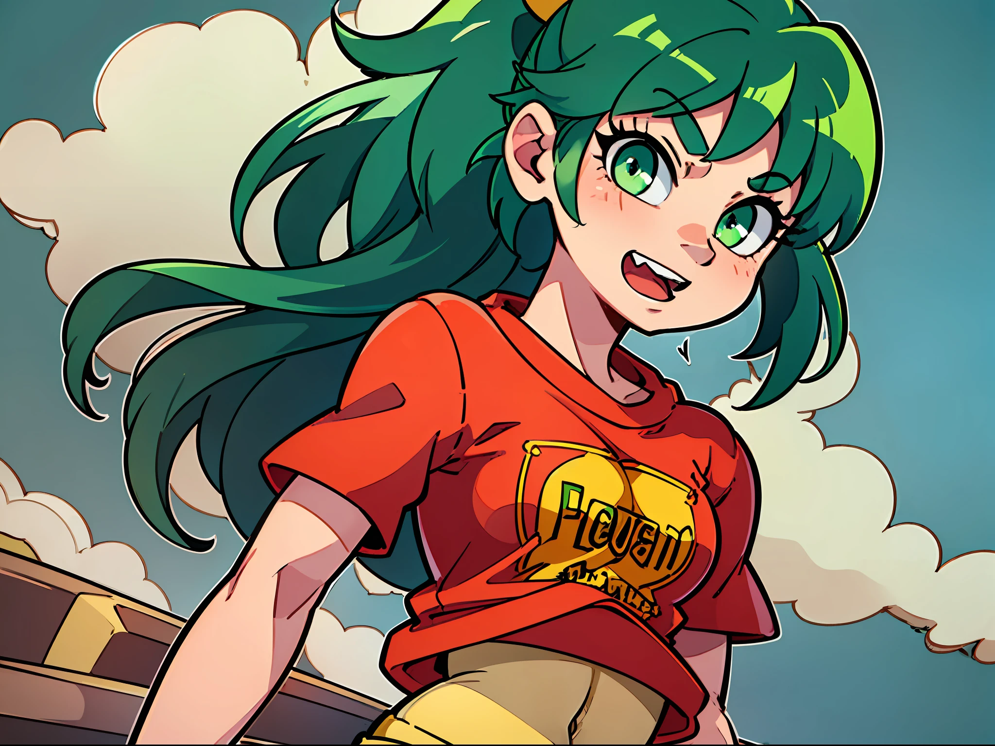 masterpiece, high quality, (anime), best quality, ((1girl)), very detailed eyes and face, loose red shirt, dynamic light, (beautiful background: 1.3), (((green eyes))), ((red shirt)))), ((yellow logo)), denim shorts, aquamarina shorts, yellow ribbon, (((long short))), (gray tights), ((flat chest)), ( years), small figure, small thighs, (fire logo), (large size shirt), ((ponytail hair)), ((ponytail hair)), ((dynamic background)), ((dark greenish hair)), ((embarrased)), ((looking at the viewer)),