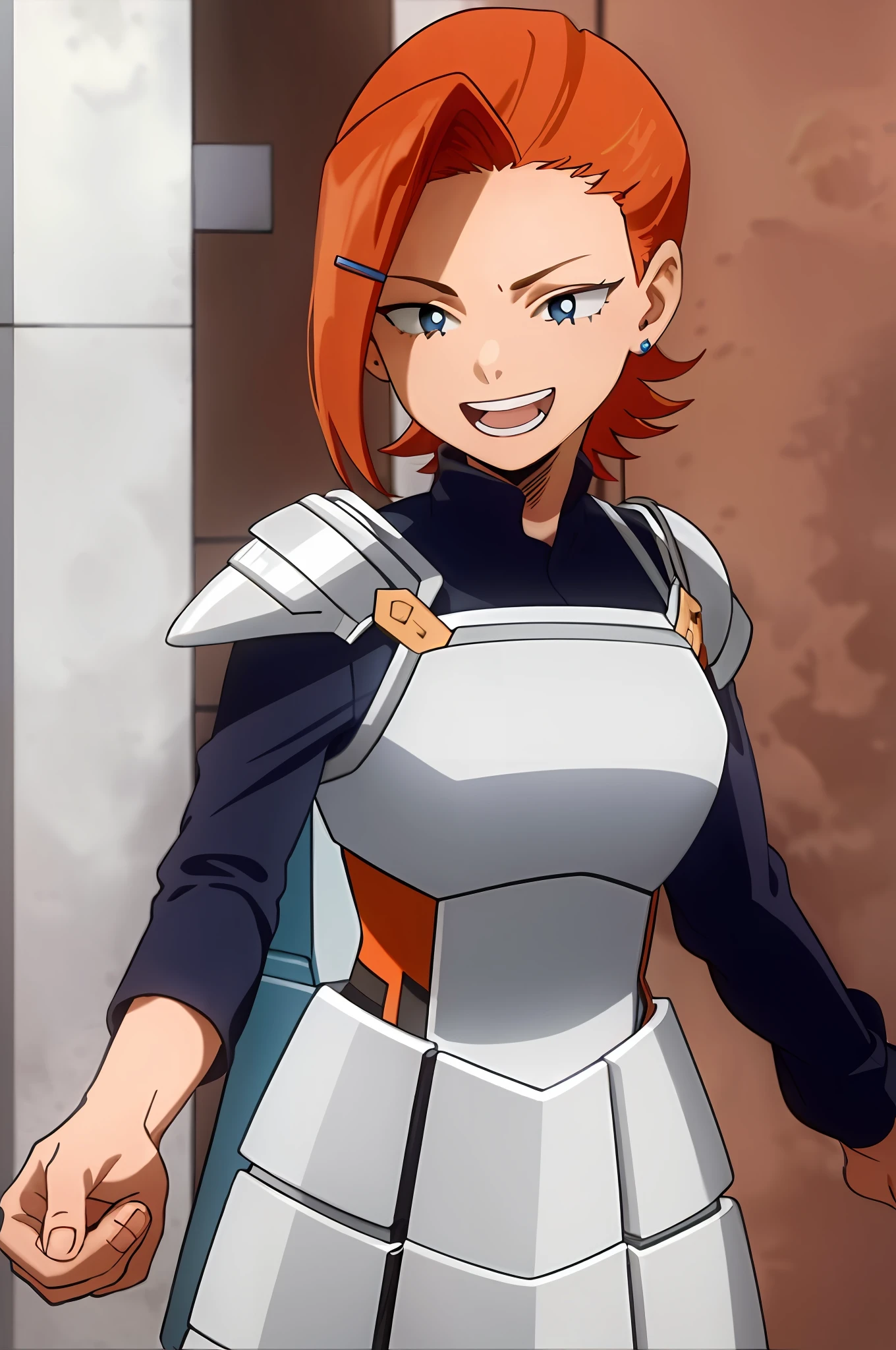 Masterpiece, best quality, Gwendolyn_tennyson, short orange hair, sideswept bangs, blue hairclip, laughing, blue body armor