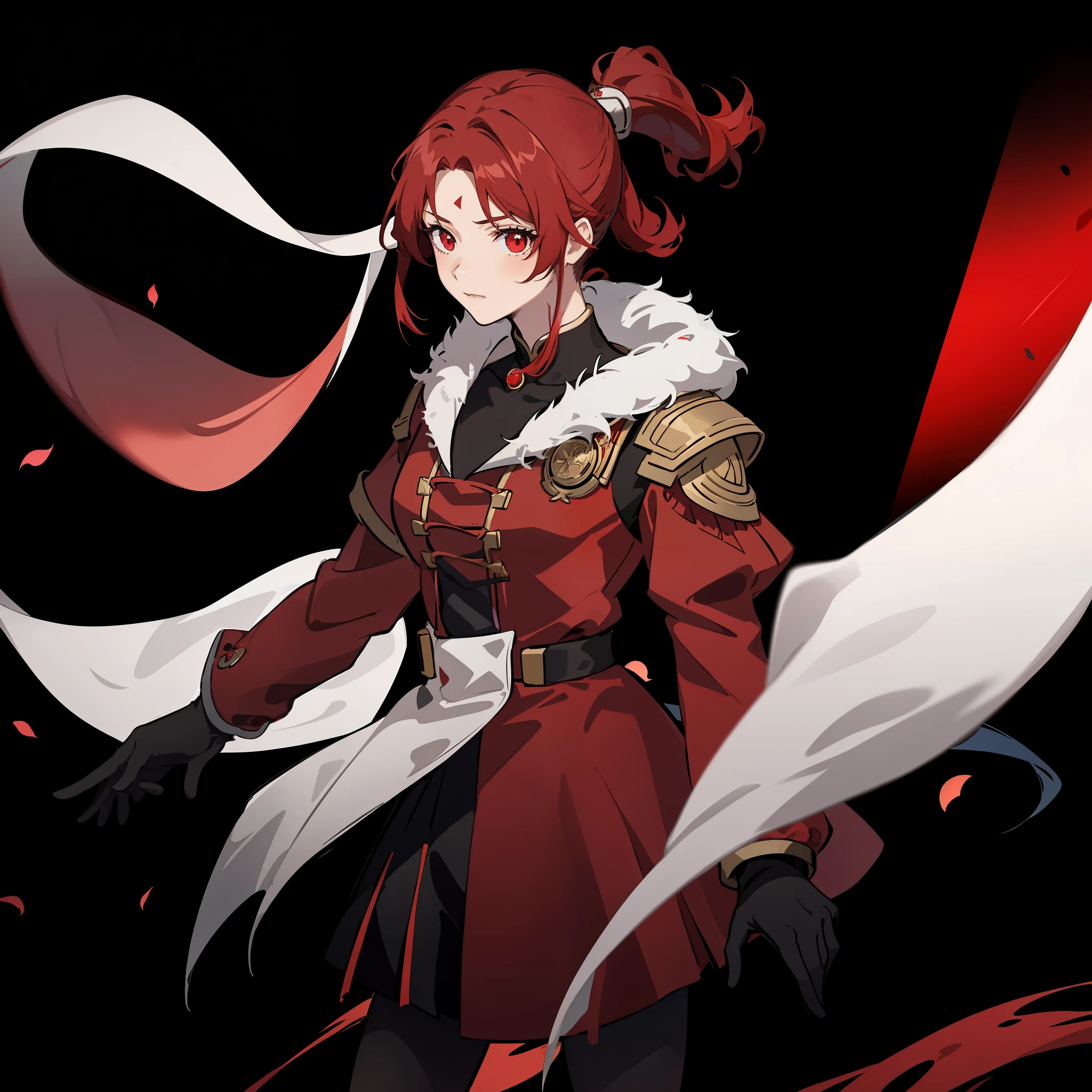 Only 1 girl, red ponytail hair, red eyes, wearing a red chinese coat, beautiful anime girl, holding a blackhole